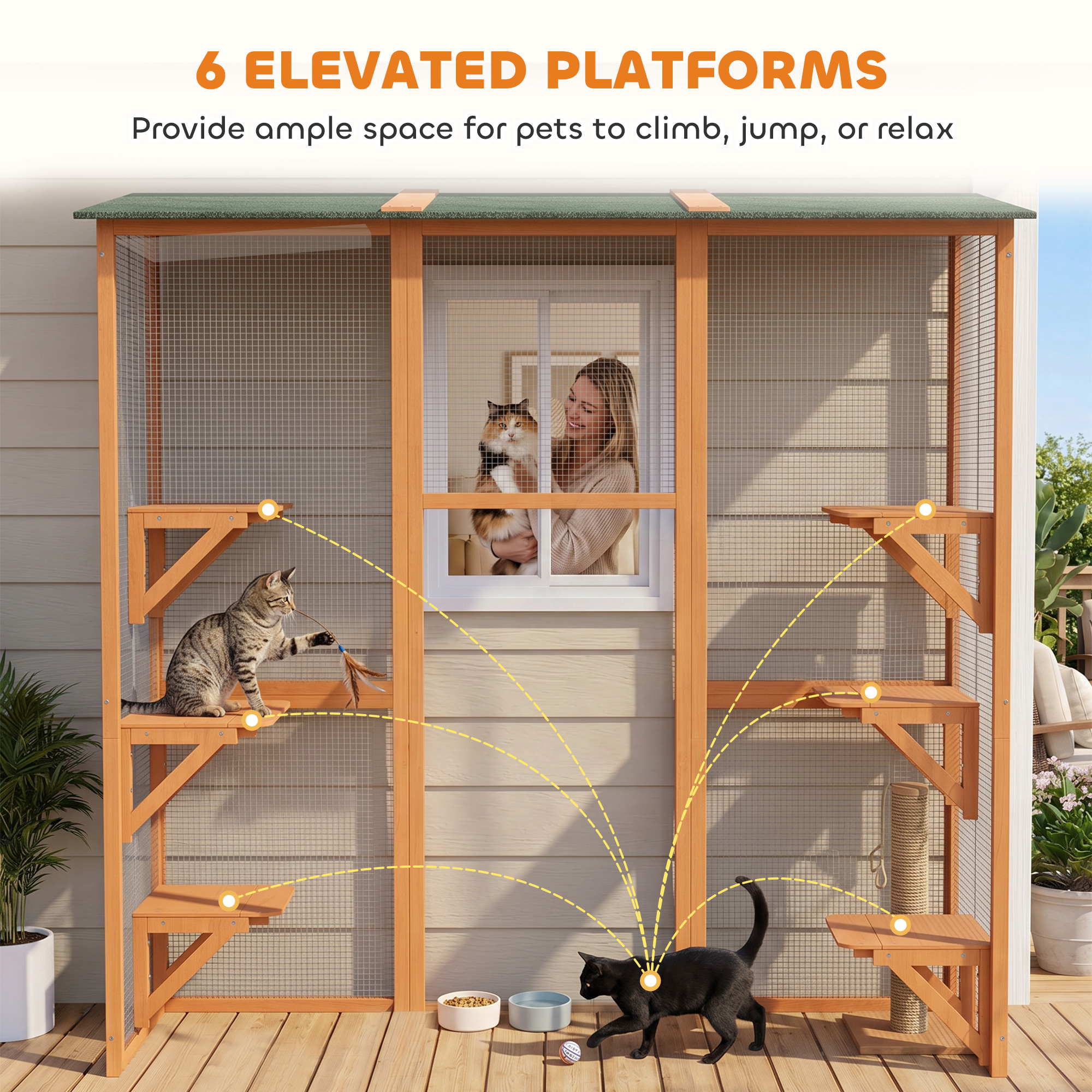 71" x 39" x 71" Cat Cage, Large Outdoor Wooden Cat Patio with 6 Balanced Platforms and Asphalt Roof, Orange