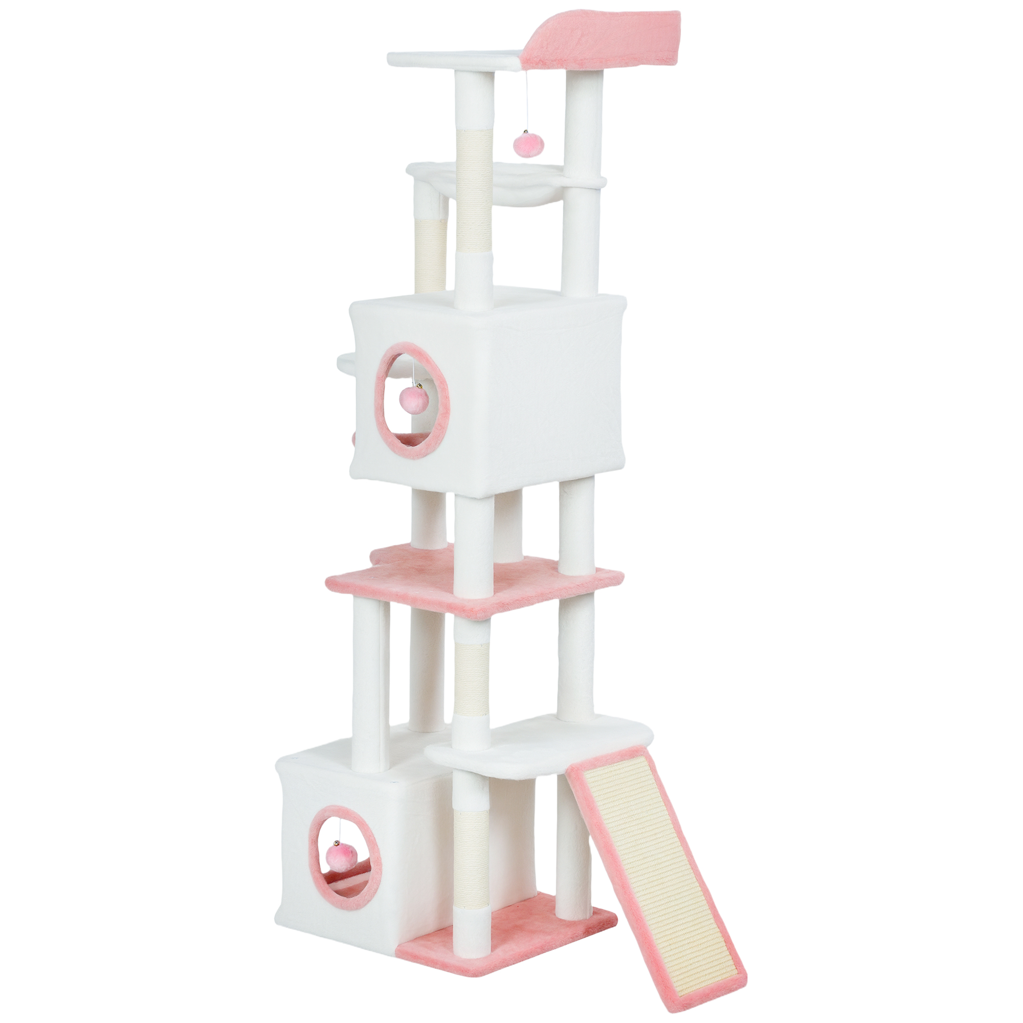 65 Inch Cat Tree with 2 Doors Condos, Plush Top Perch, Hammock, Sisal Scratching Posts, 4 Pompoms, Ramp, White