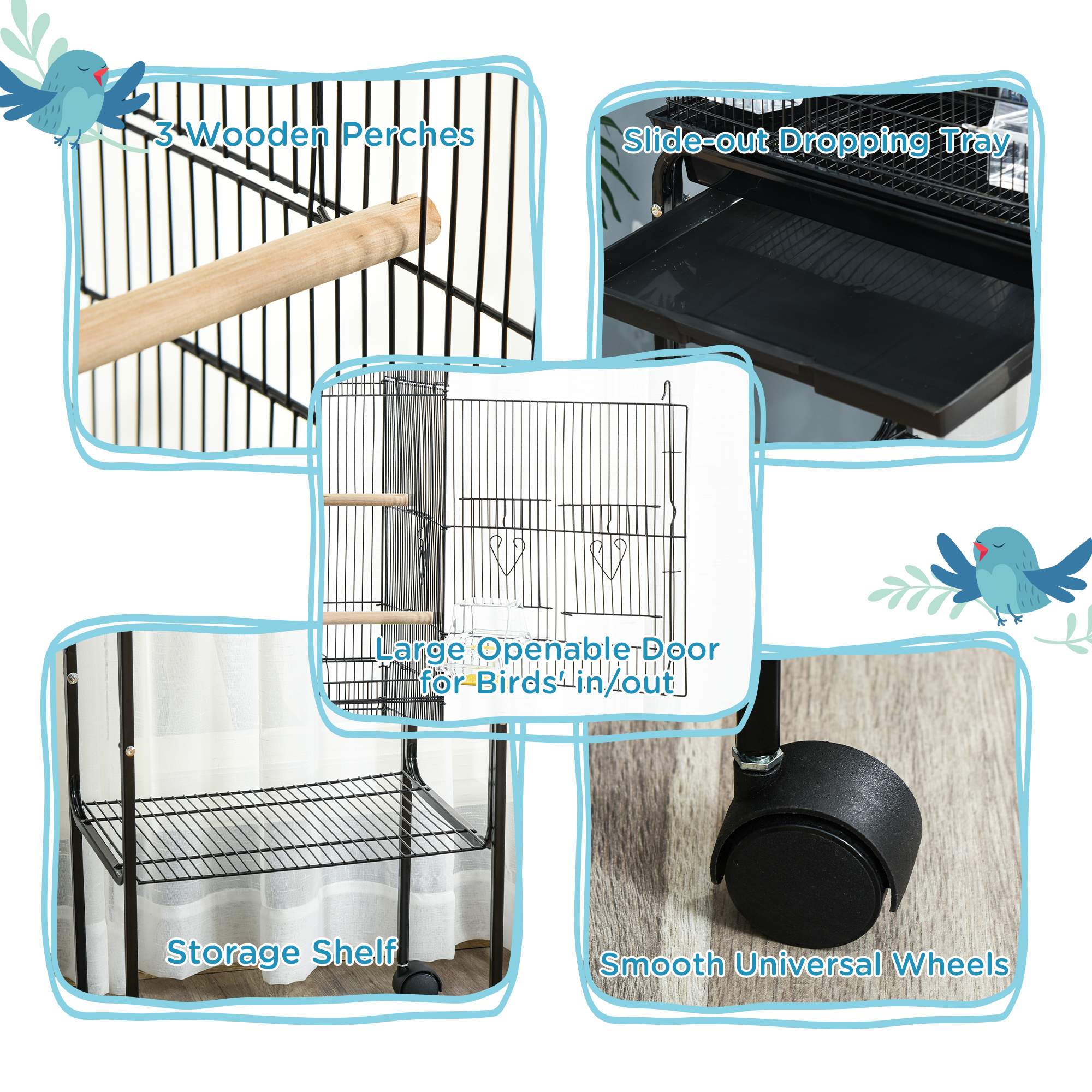 49" Rolling Bird Cage Cockatoo House Play Top Finch Pet Supply with Storage Shelf, Wheels - Black