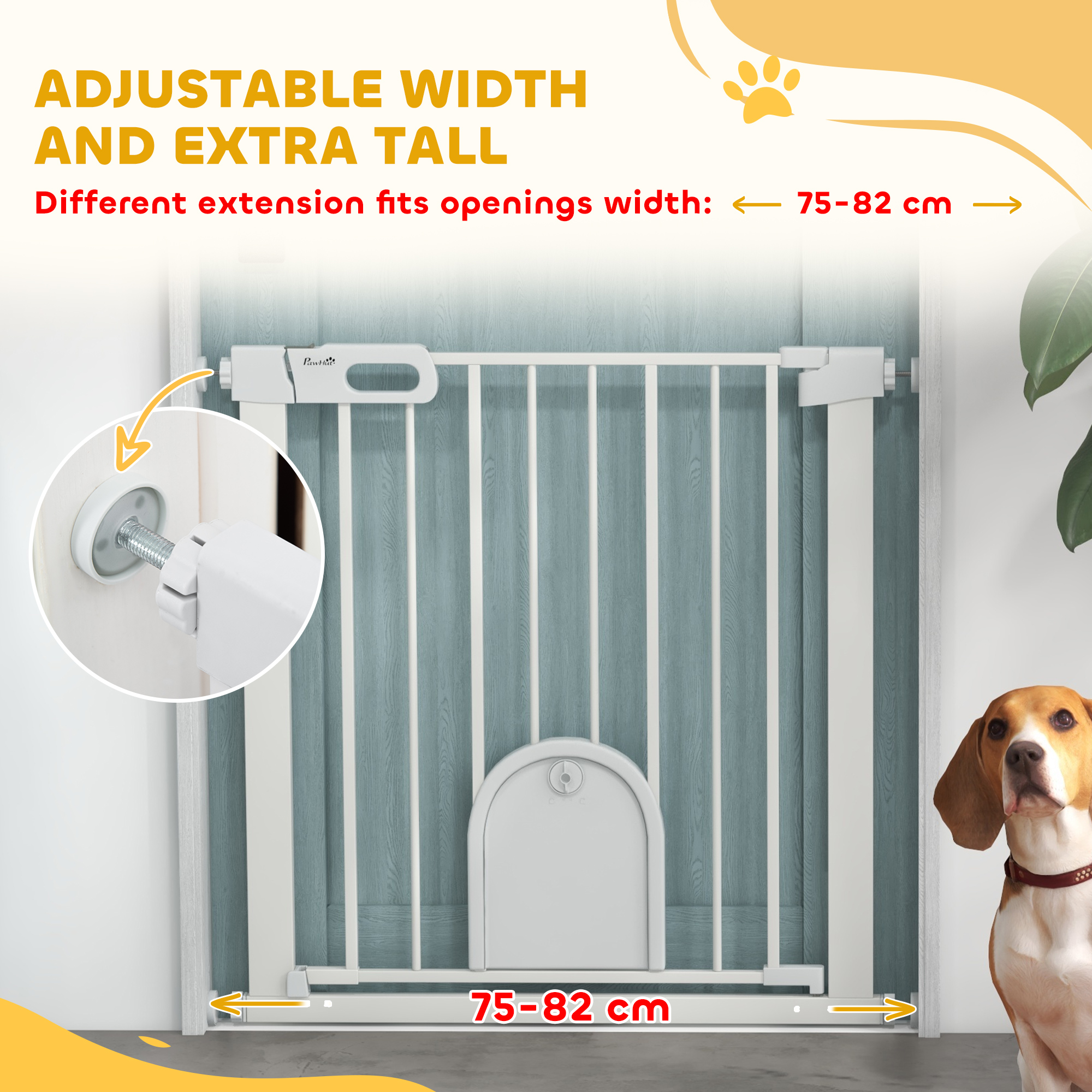 30"-32" Extra Wide Pet Gate Barrier with Small Door, 30"H Dog Gate with Safety Gate Barrier, Stair Pressure Fit, White