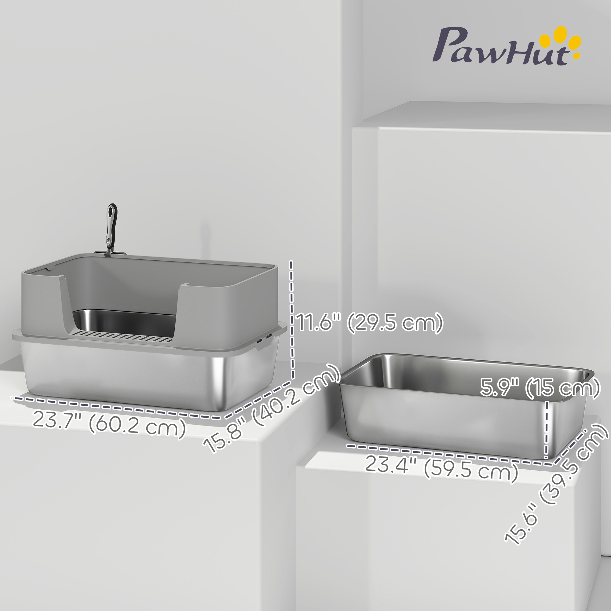 Stainless Steel Litter Box, XL High Sided Cat Litter Box with Scoop, Anti Leakage & Easy to Clean, 24" x 16" x 12", Grey