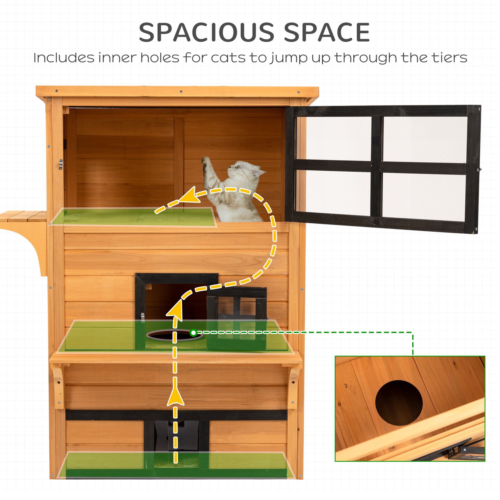 Cat House, Outdoor 3-Tier Kitty Shelter, Weather Resistant, w/ Escape Door