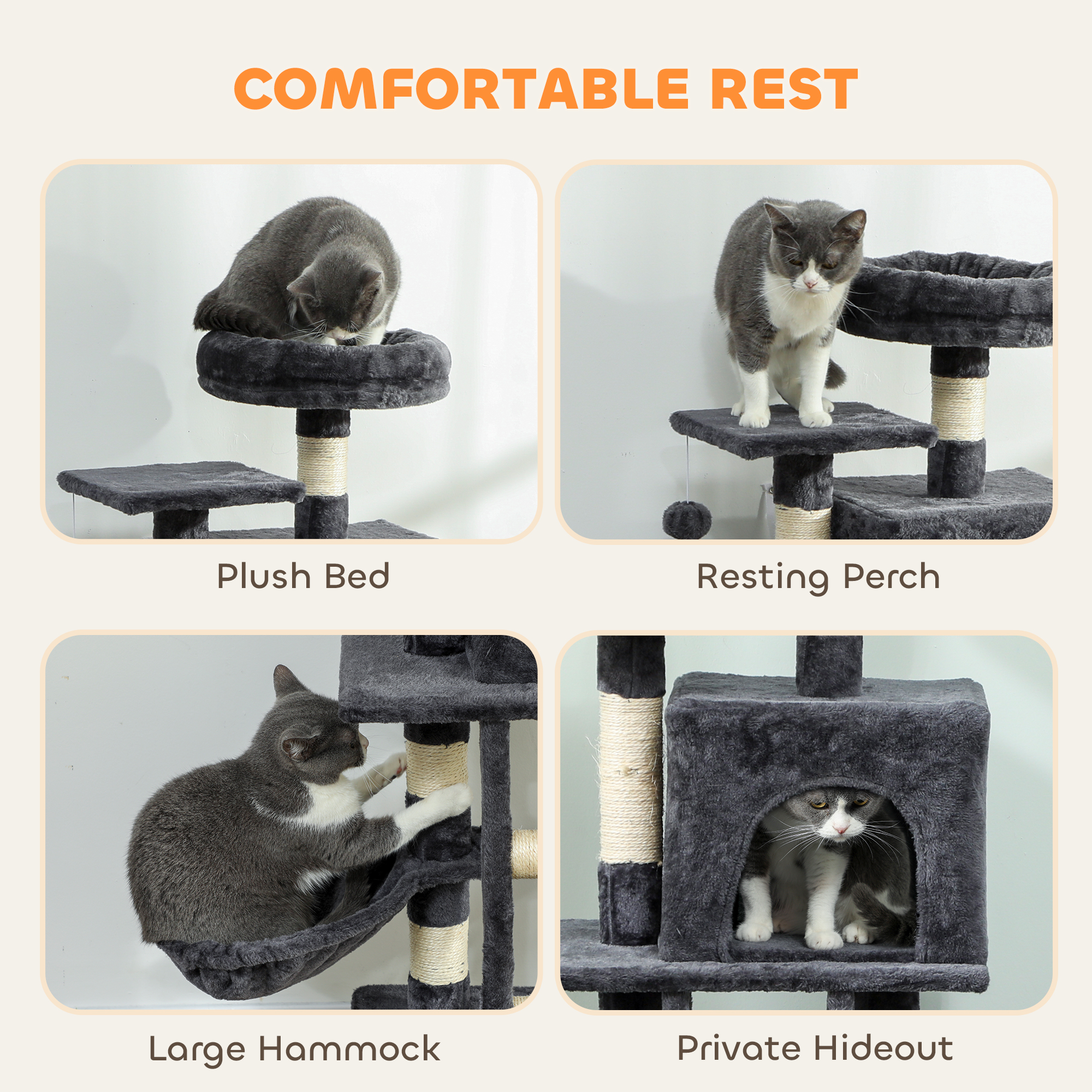 52 Inch Large Cat Tree for Indoor Cats, Dark Grey