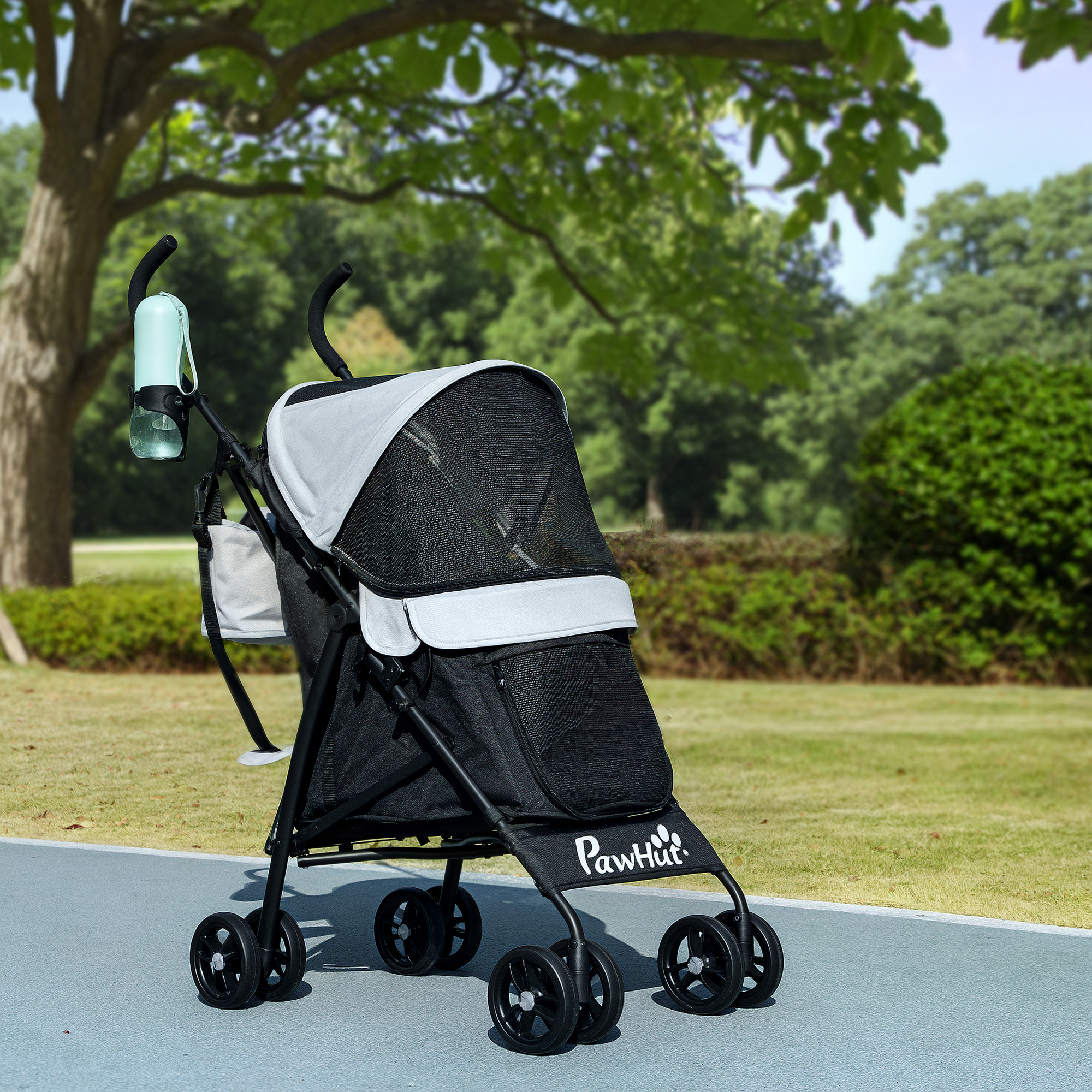 Foldable Dog Stroller, Lightweight Dog Pram w/ Shoulder Strap, Storage Bag, Cup Holder, Light Grey