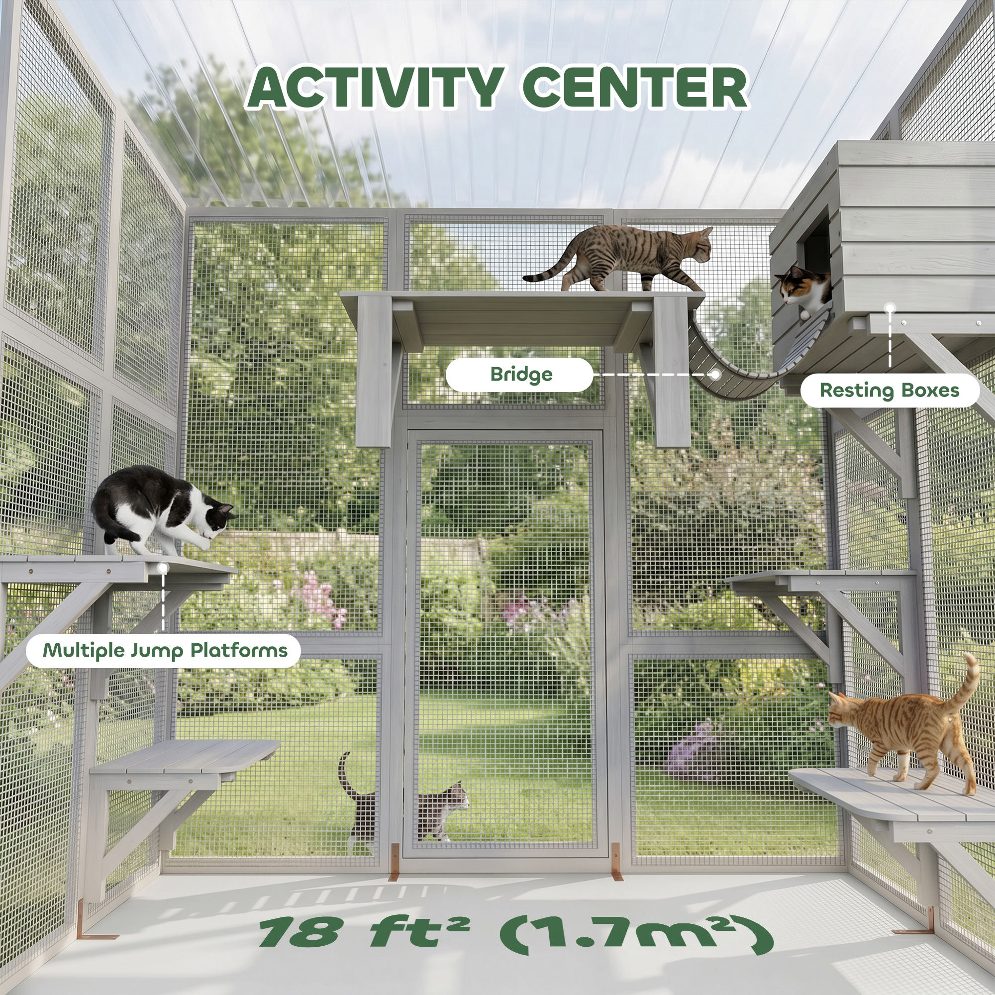 Large Outdoor Catio with Weatherproof Roof, Bridge, Resting Box, Platforms, White