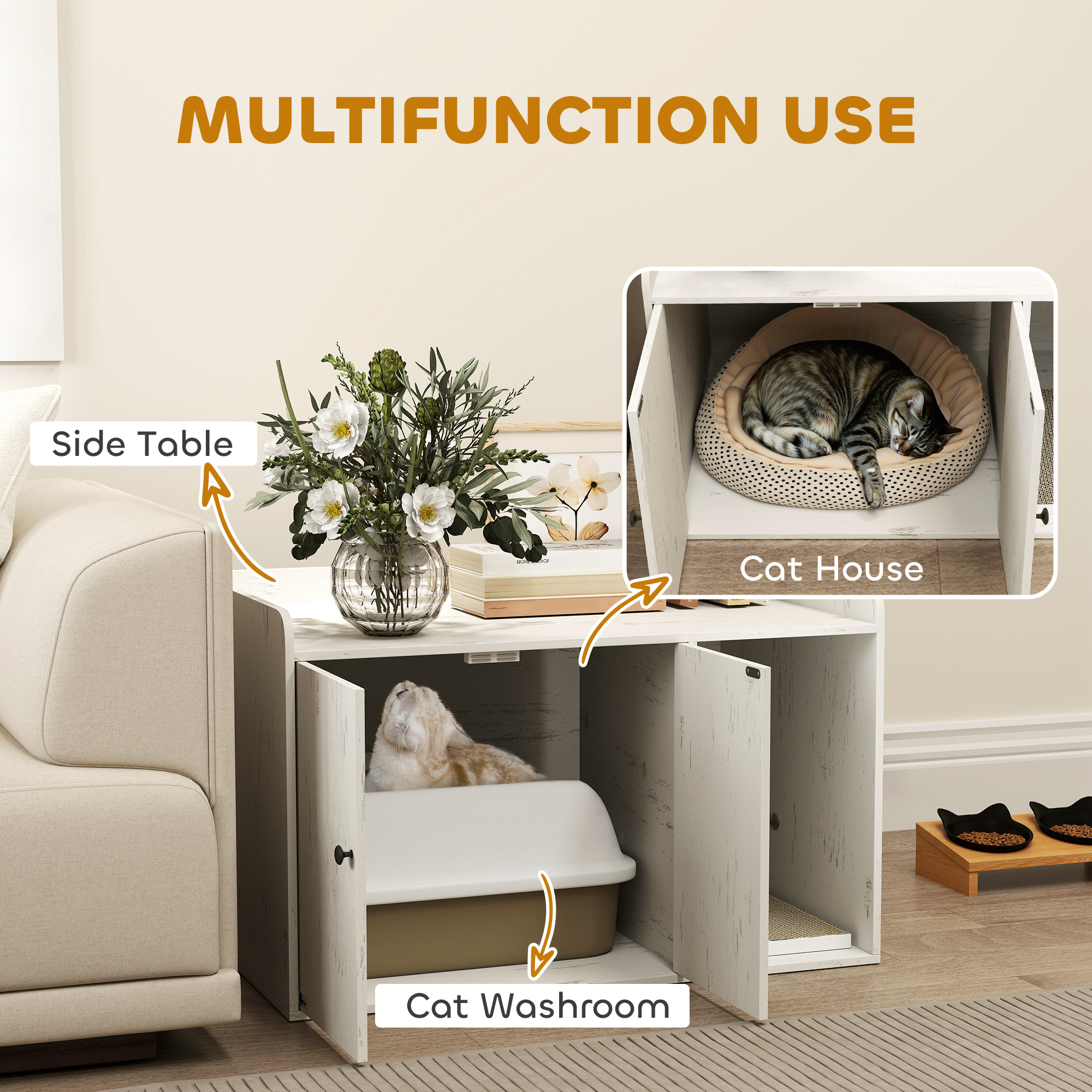 32" Cat Litter Box Enclosure with Scratching Mat, Cat Entrance, Fit Most of Cat and Litter Box, Distressed White