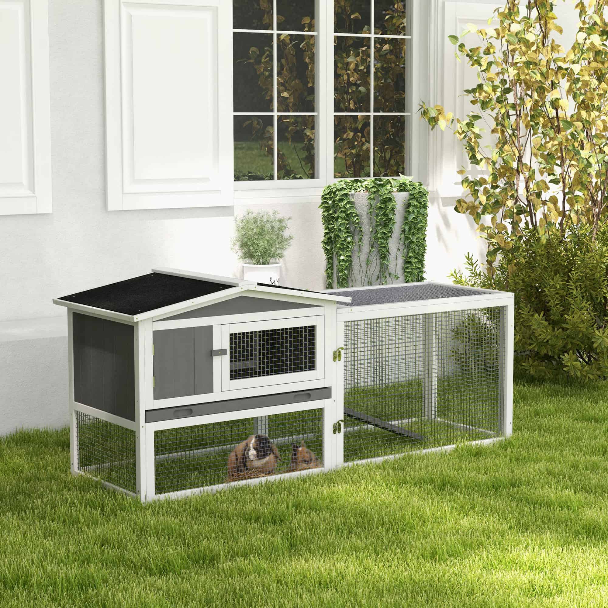 Wooden Rabbit Hutch Guinea Pig House with Removable Tray, Openable Roof, Trough, Run for Tortoises and Ferrets, Grey
