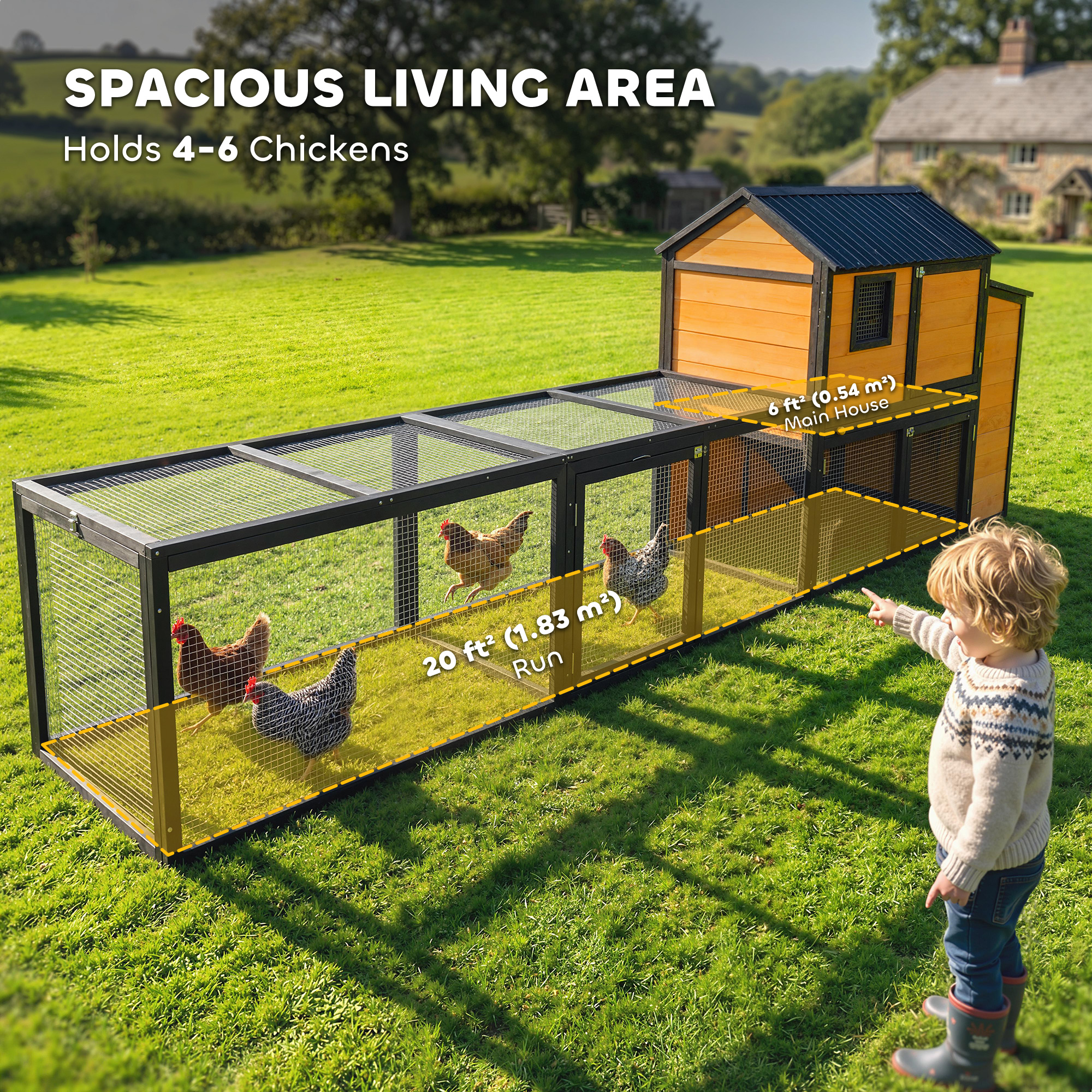 Large Chicken Coop, 134"L Wooden Chicken House with Run, Nesting Box, Slide-Out Tray, Waterproof Roof and Ramp - Image 4