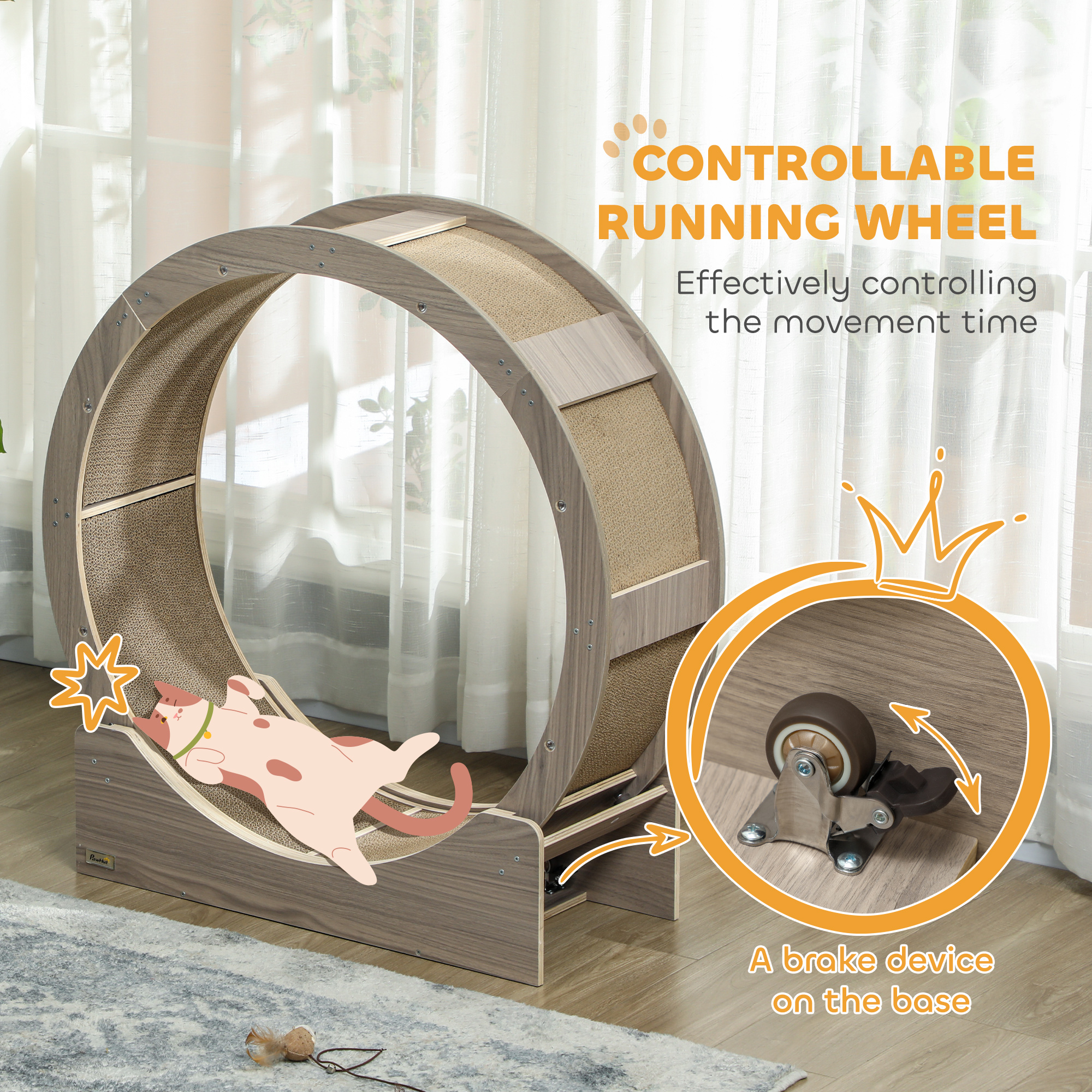 36" Cat Wheel for Indoor Cats with Brake, Scratching Pads, Walnut