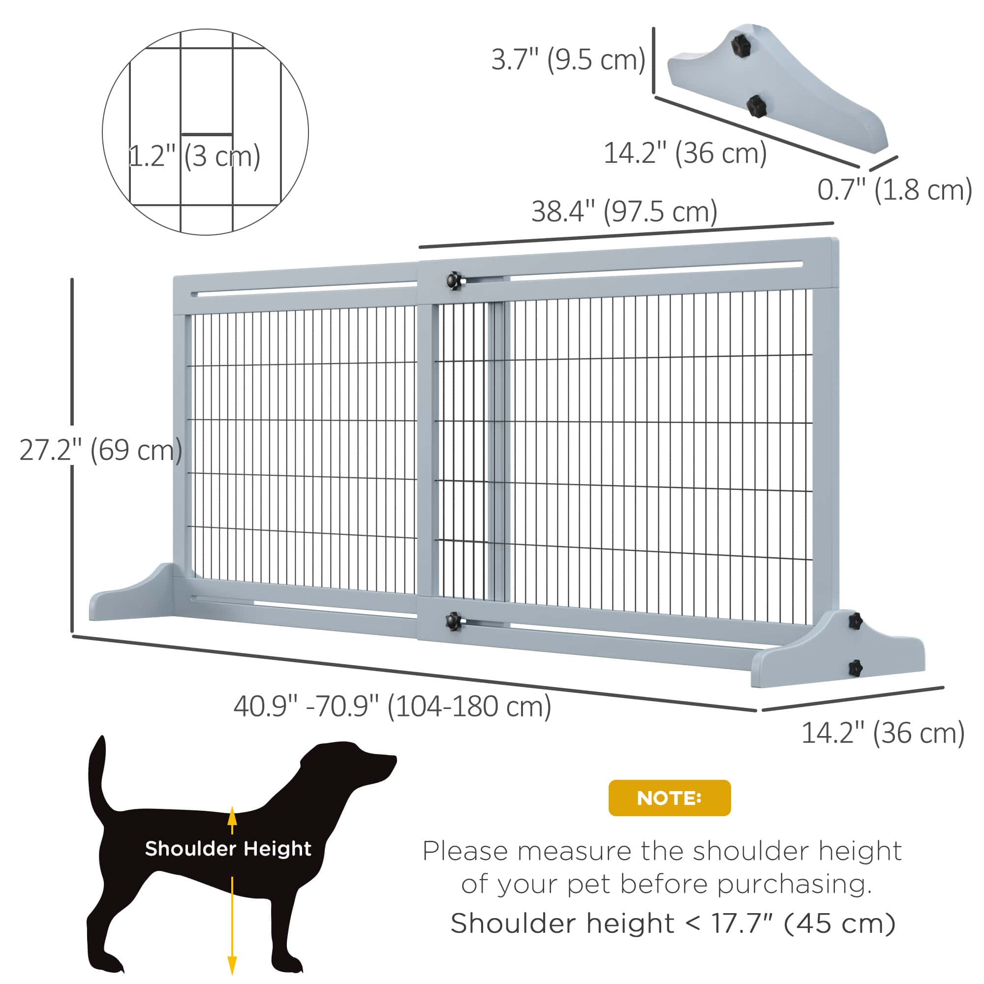 41"-71" Wooden Freestanding Pet Gate with Support Feet, for Small Medium Dogs, Grey-Blue - Image 3