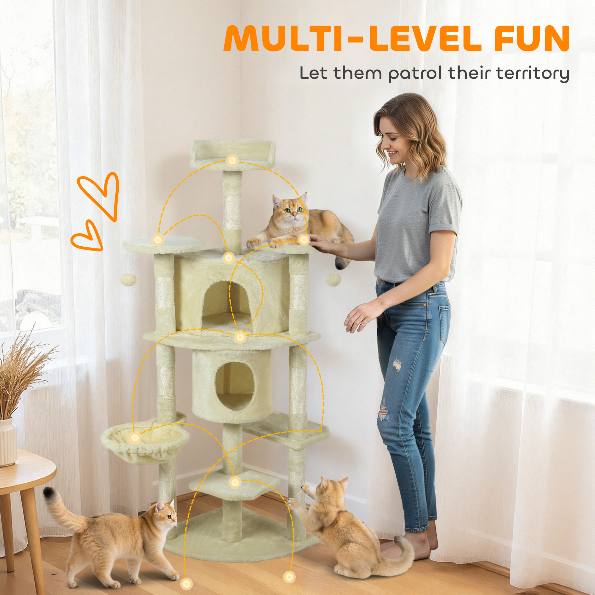 62" Cat Tree with Scratching Post, 2 Condos, Hammock, Perches, Plush, Pompoms, for Indoor Cats, Beige - Image 4