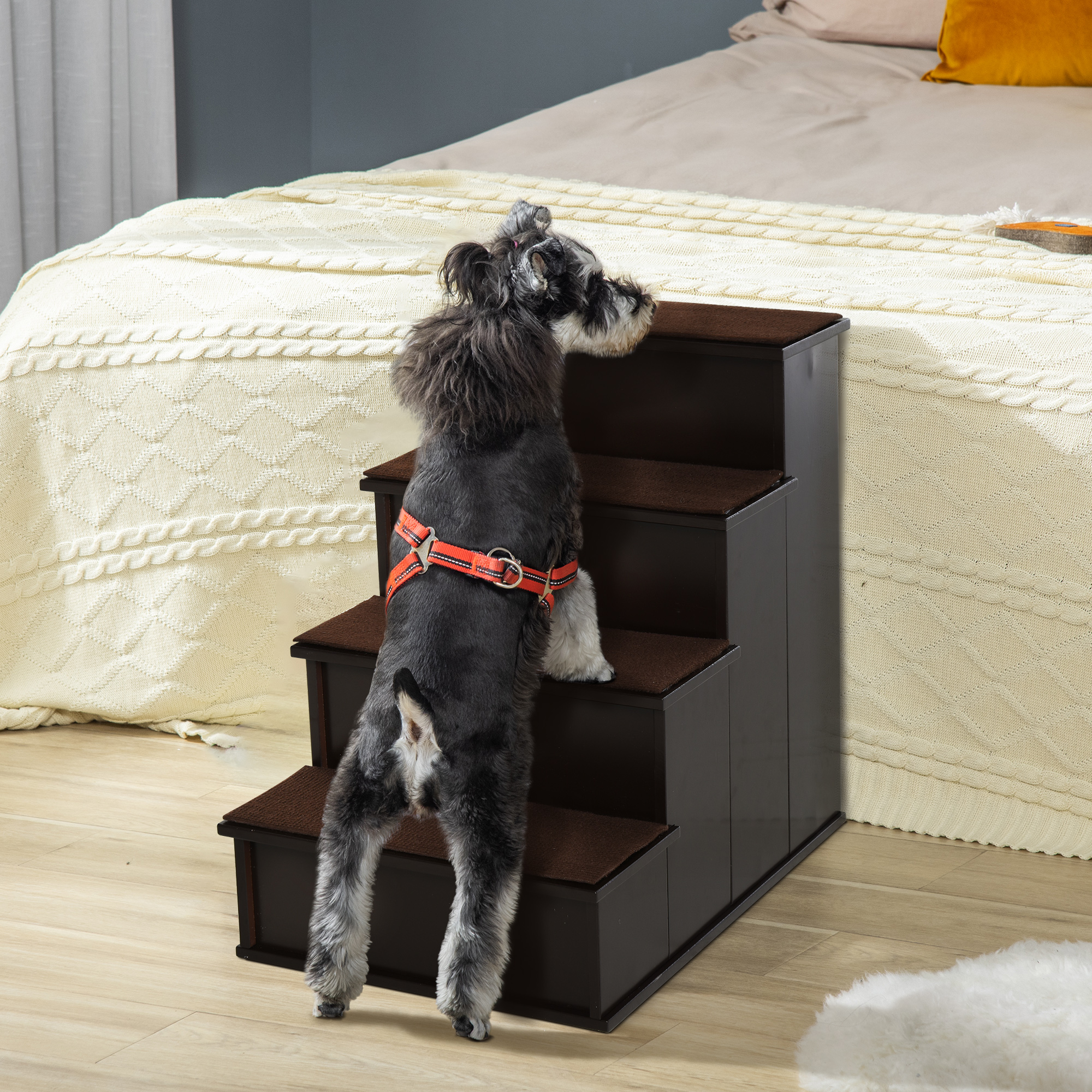 4 Levels Wooden Dog Steps Pet Stairs for High Bed, Cat Ladder for Bed Couch with Non-Slip Carpet, Dark Coffee