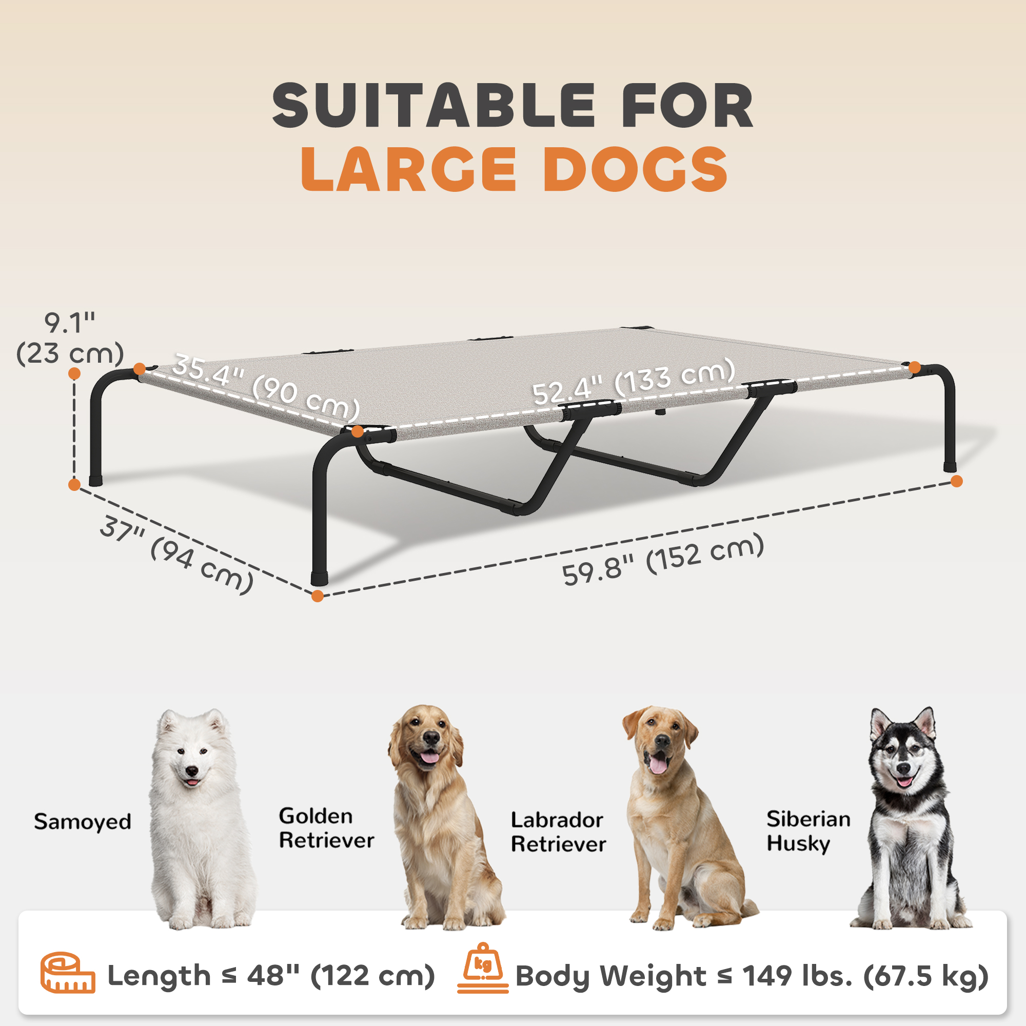 Elevated Dog Bed, Outdoor Dog Cot, Raised Dog Bed for Large Dogs with Breathable Mesh, Beige