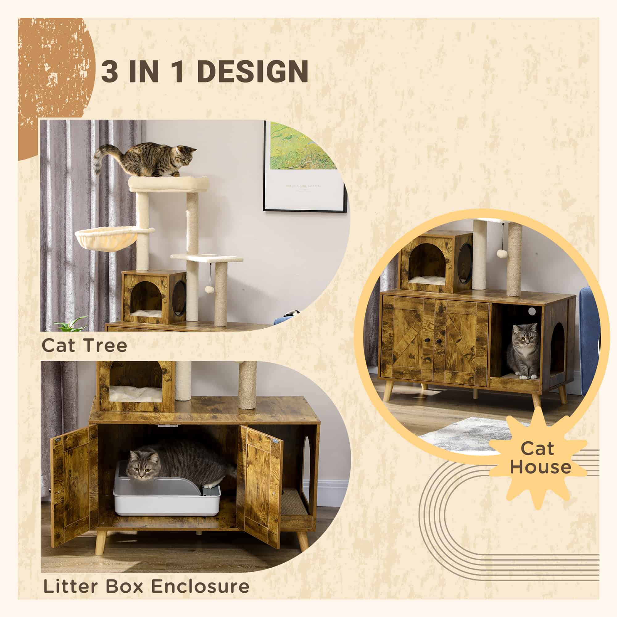 Litter Box Enclosure with Cat Tree Tower, Hidden Cat Washroom Furniture with Condo, Scratching Posts, Large Platform, Hammock and Soft Cushion, Rustic Brown