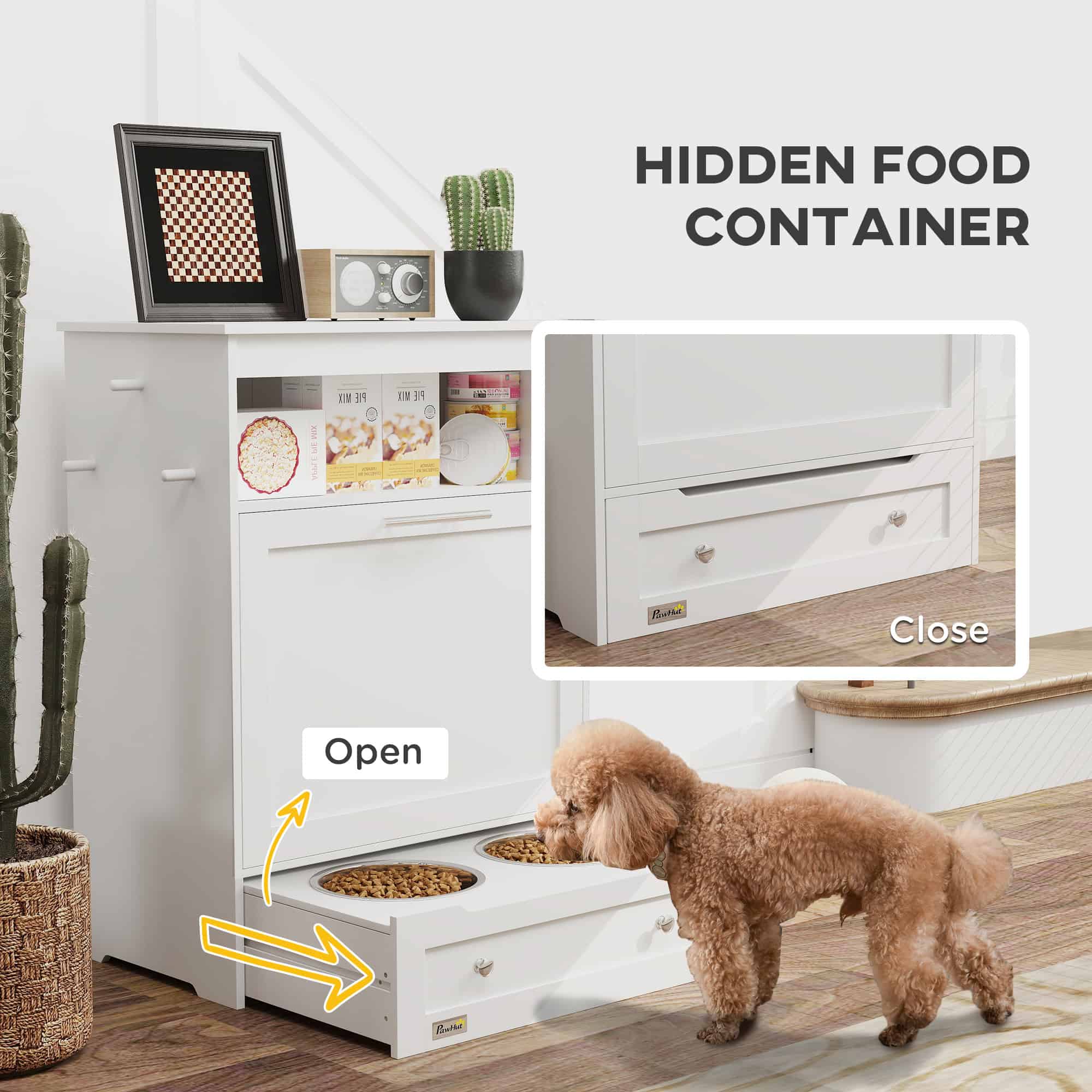 Pet Feeder Station Storage Cabinet, Dog Food Storage Container with Dog Raised Bowls, Watering Supplies, Gray - Image 6
