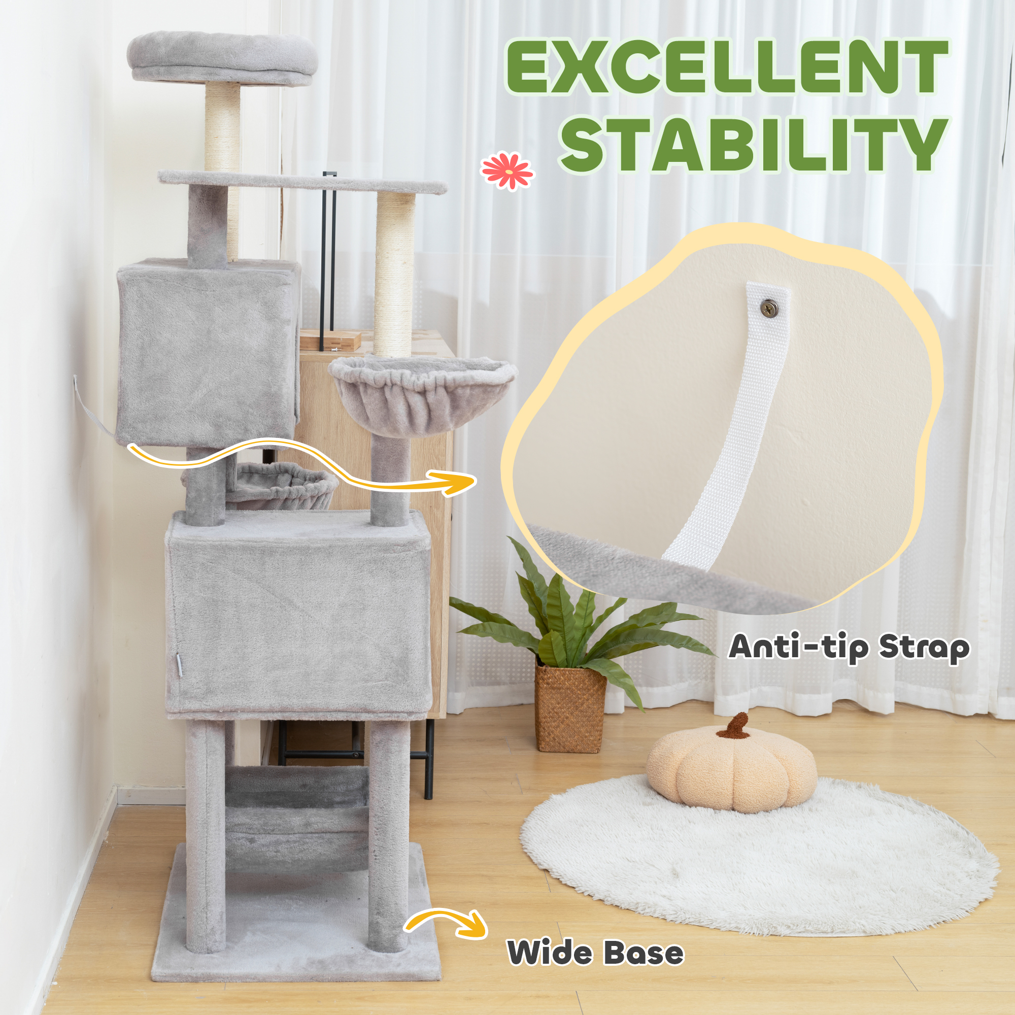66 Inch Large Cat Tree with 2 Door Condos, 3 Big Hammocks, Plush Top Perch, Sisal Scratching Posts, Light Grey