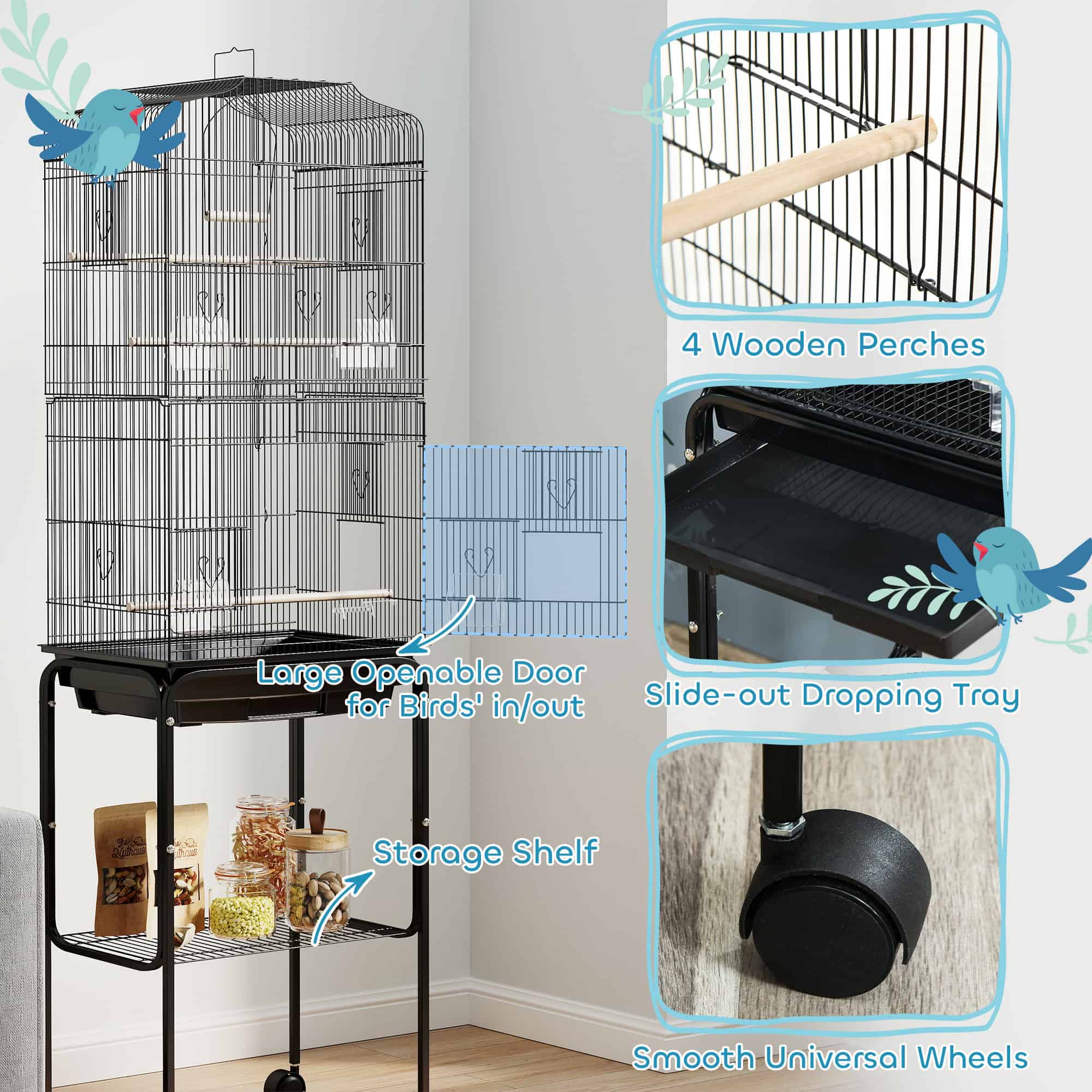 62" Rolling Bird Cage Cockatoo House Play Top Finch Pet Supply with Storage Shelf, Wheels - Black