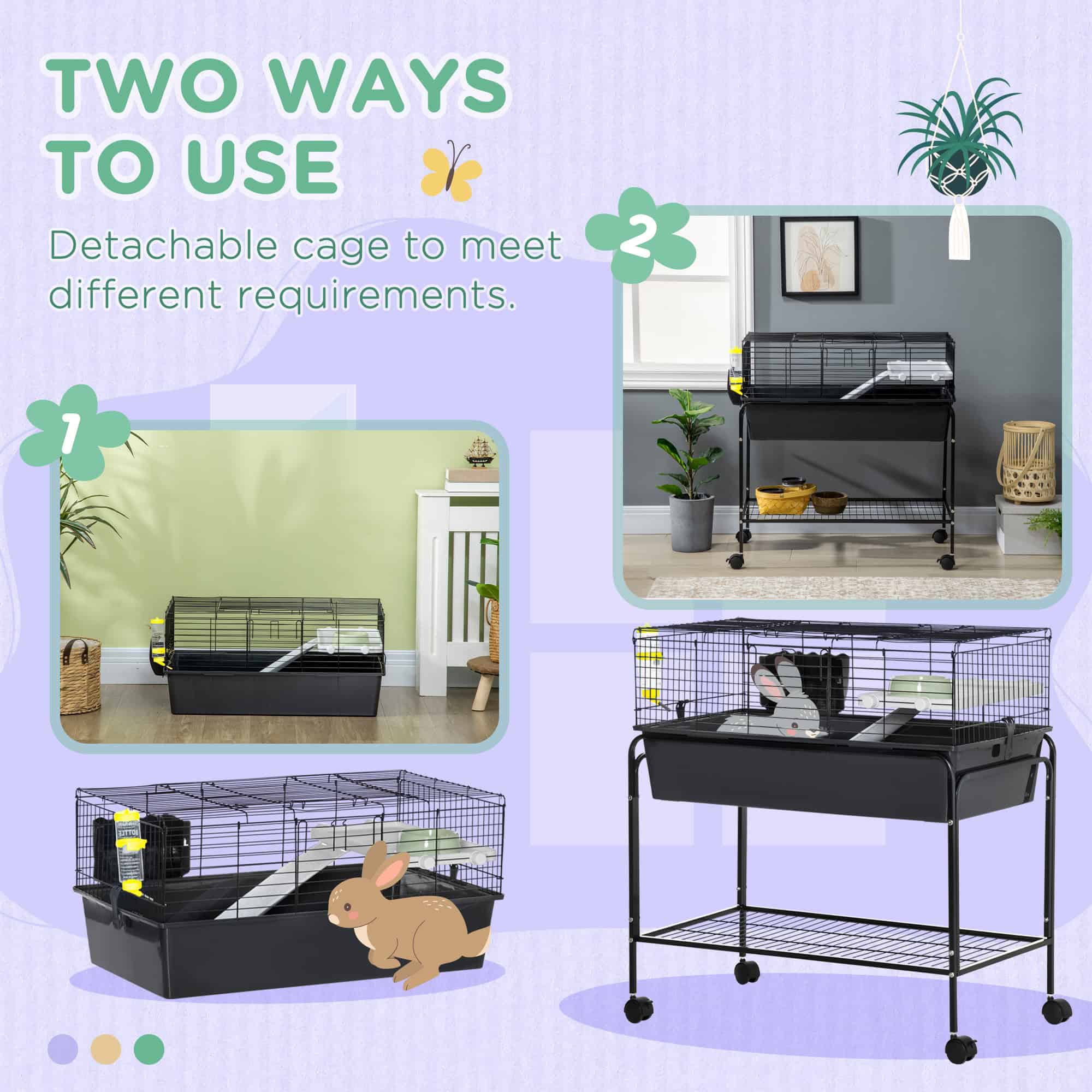 35" Small Animal Cage Rolling Guinea Pig Cage with Detachable Stand, Water Dispenser, Food Dish, Ramp, Wheels, Dark Grey