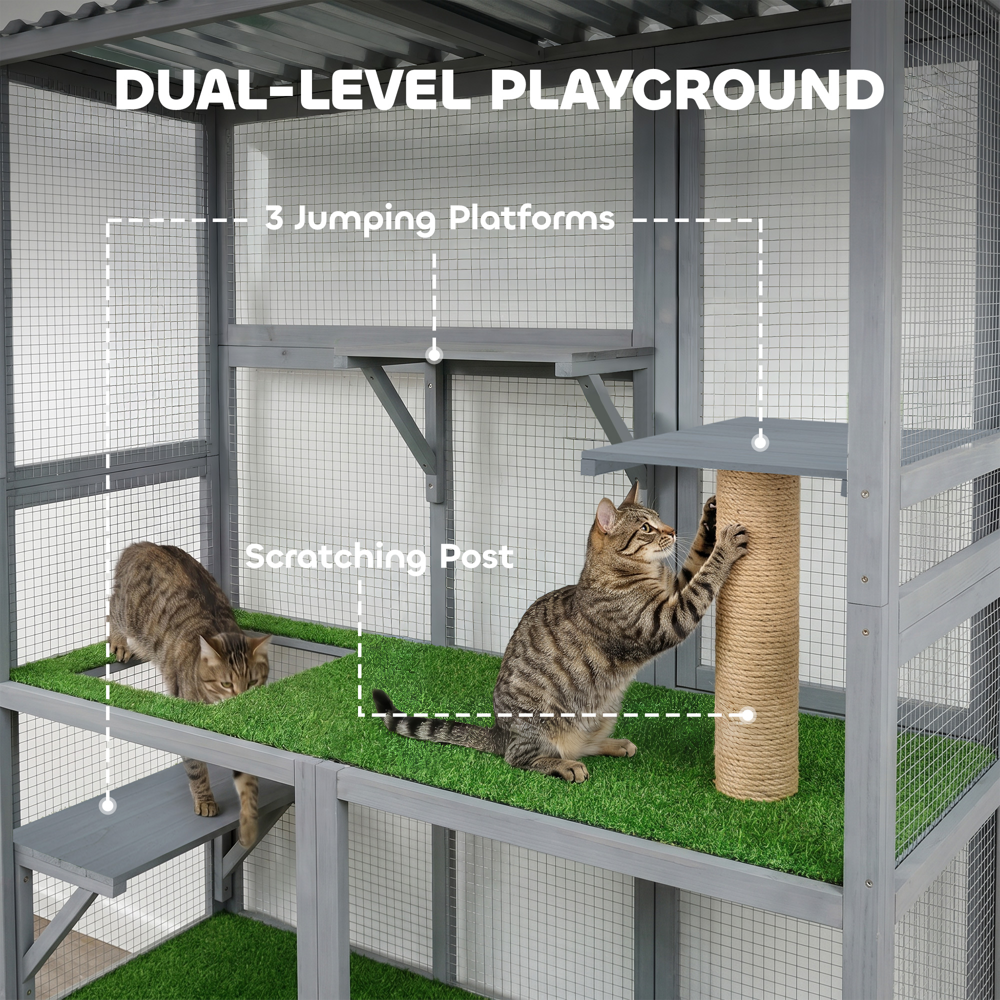 Catio Outdoor Cat Enclosure, 77" H Wooden Cat House with Weatherproof Roof, Platforms and Scratching Post - Image 5
