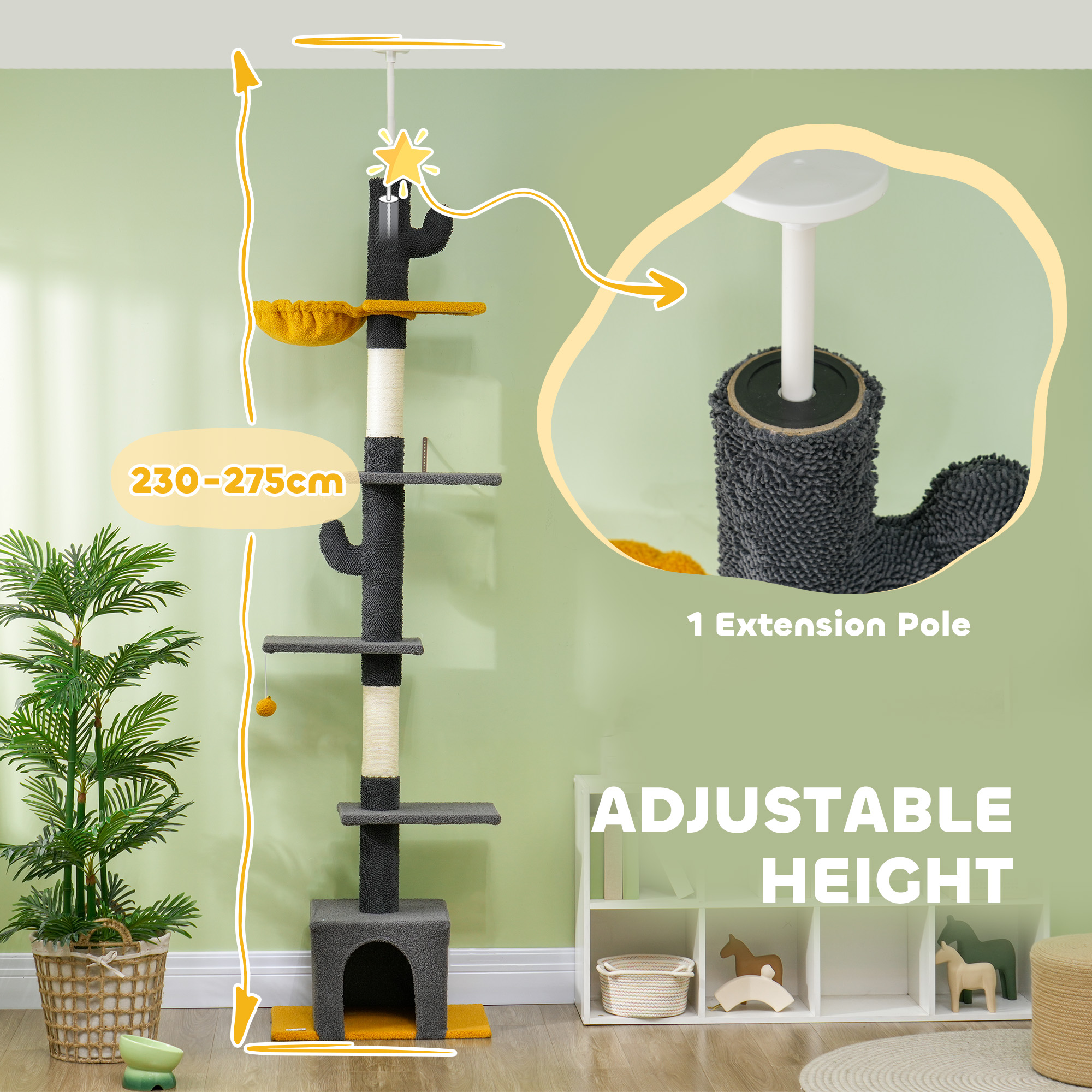 Floor to Ceiling Cat TreeTower with 90.5"-108" Adjustable Height, Scratching Posts, Hammock, Condo, Toy Ball, Dark Grey