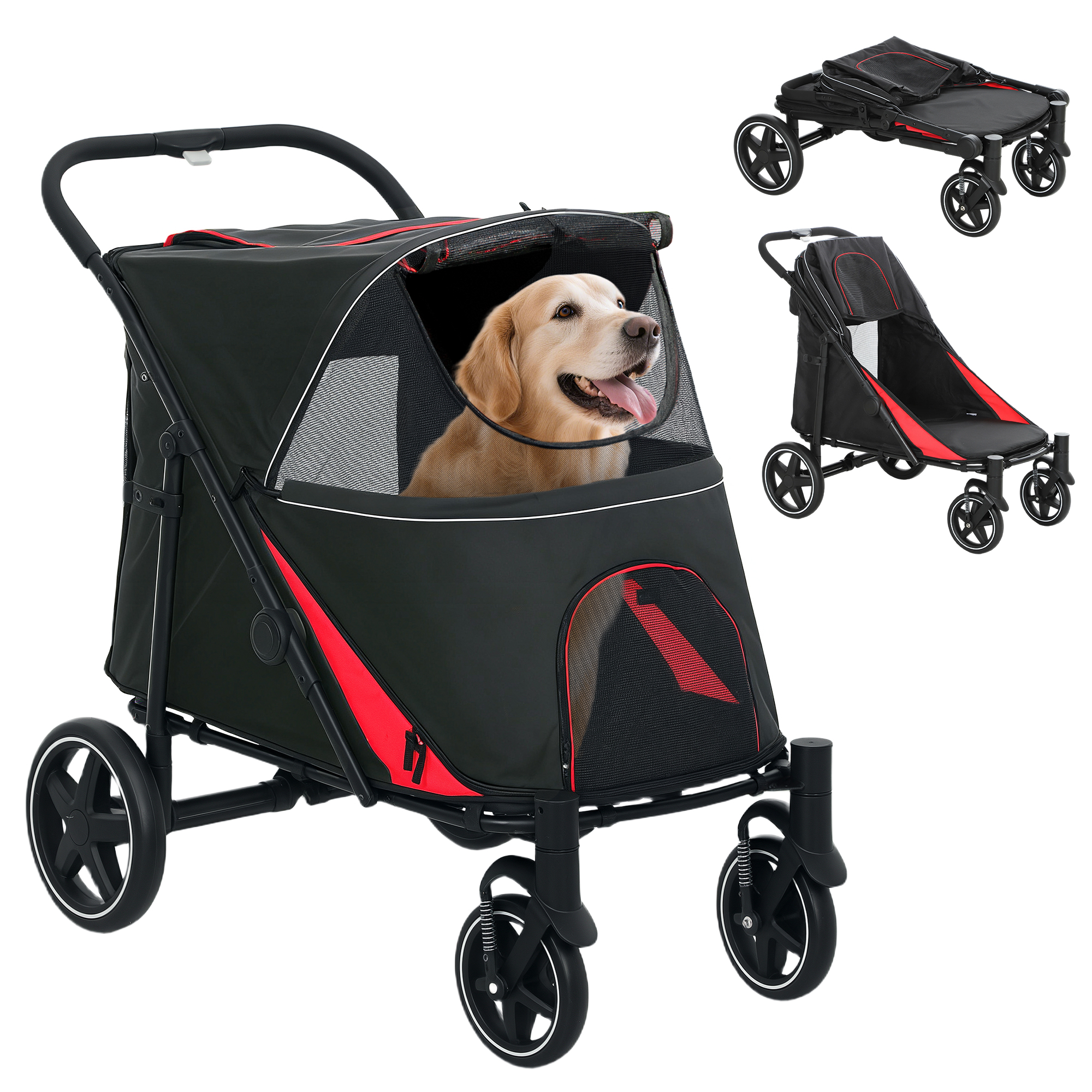 Foldable Pet Stroller with Universal Front Wheels, Shock Absorber, Dog Cat Carriage for Large & Medium Dogs, Black - Image 2