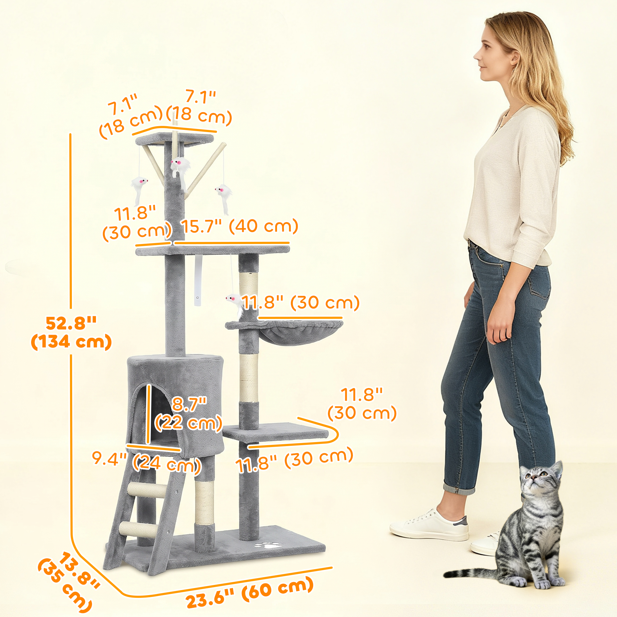 53" Cat Tree Tower, Kitten Activity Centre with Scratching Posts, Condo, Perches, Ladder, Hammock, Dangling Toys, Grey