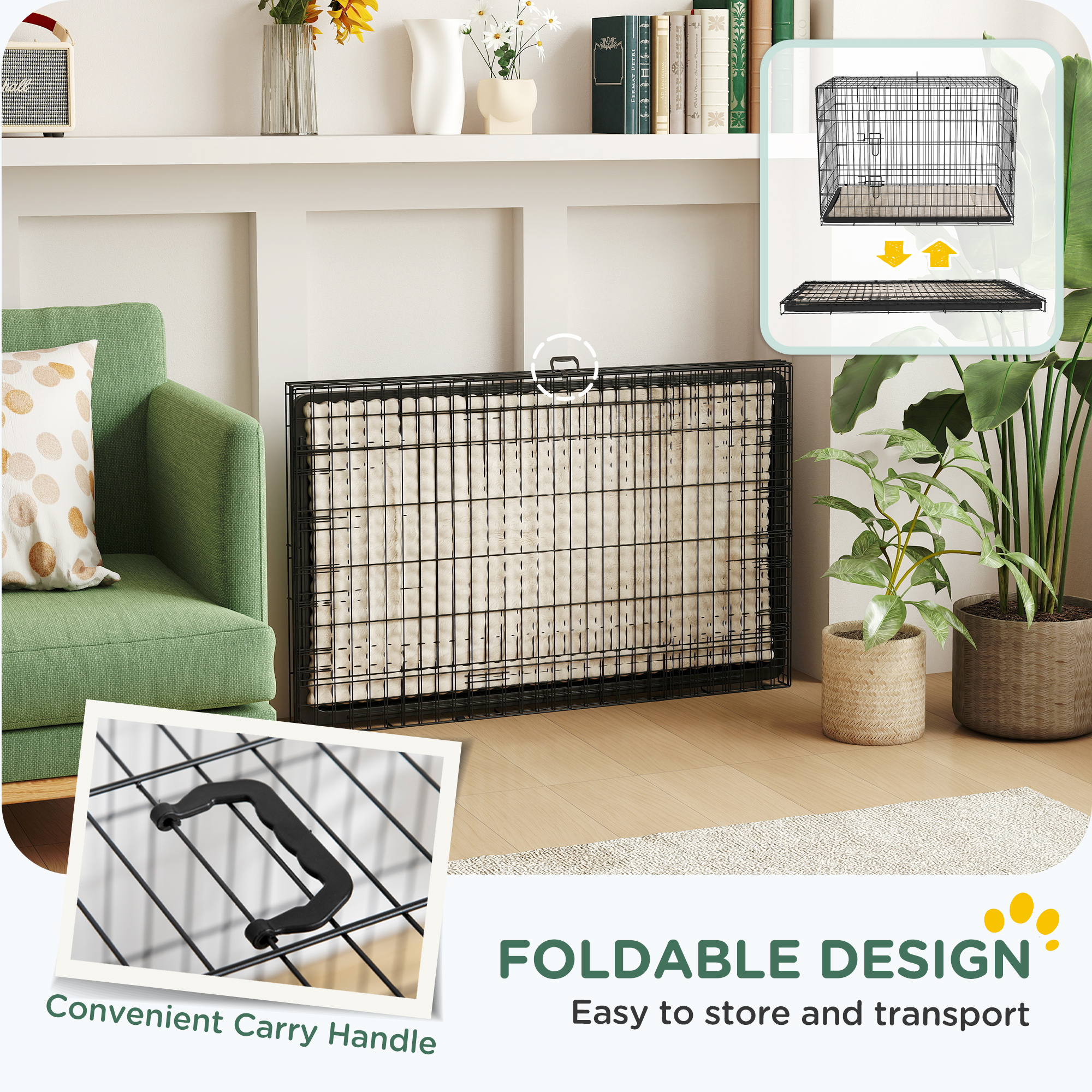42" Dog Crate with 2 Doors, Folding Metal Dog Cage with Soft Cushion, Removable Tray, Handle, for Small Dogs, Black