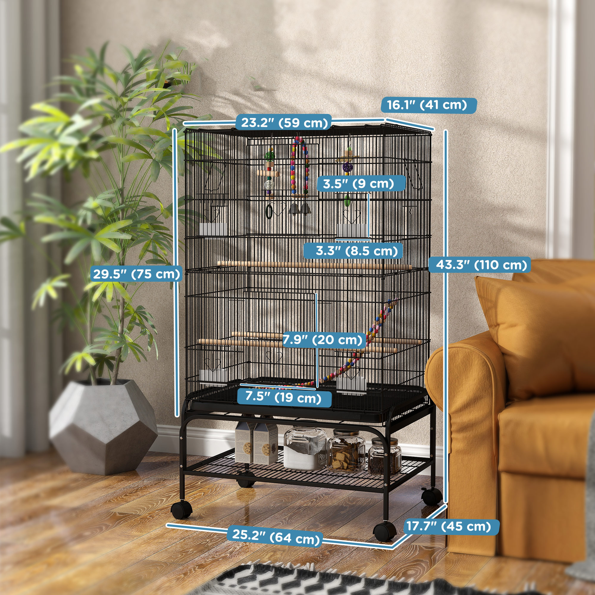 43" Bird Cage with Rolling Stand, Toys, for Budgies Canaries Black