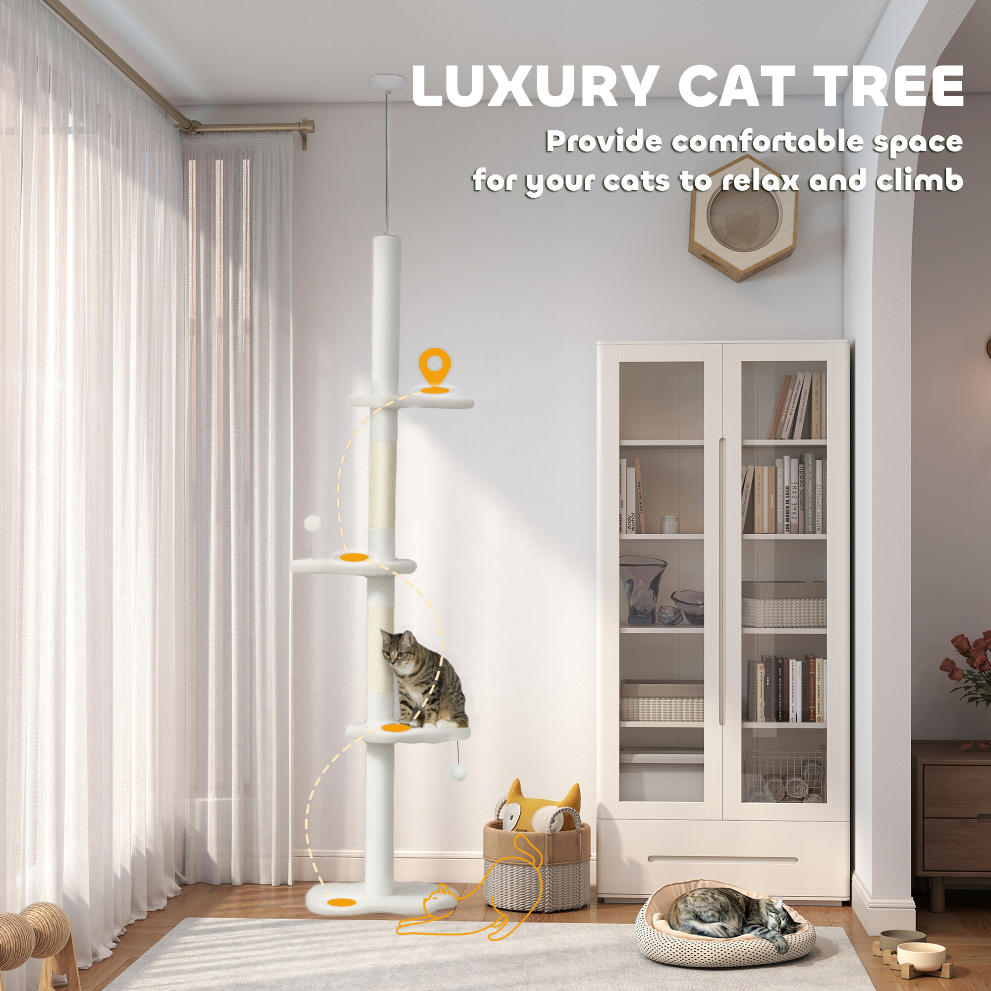 88.5"-100.5" Floor to Ceiling Cat Tree, Cat Tower with Scratching Posts, Cloud Shaped Platforms, Dangling Balls, Cream - Image 4