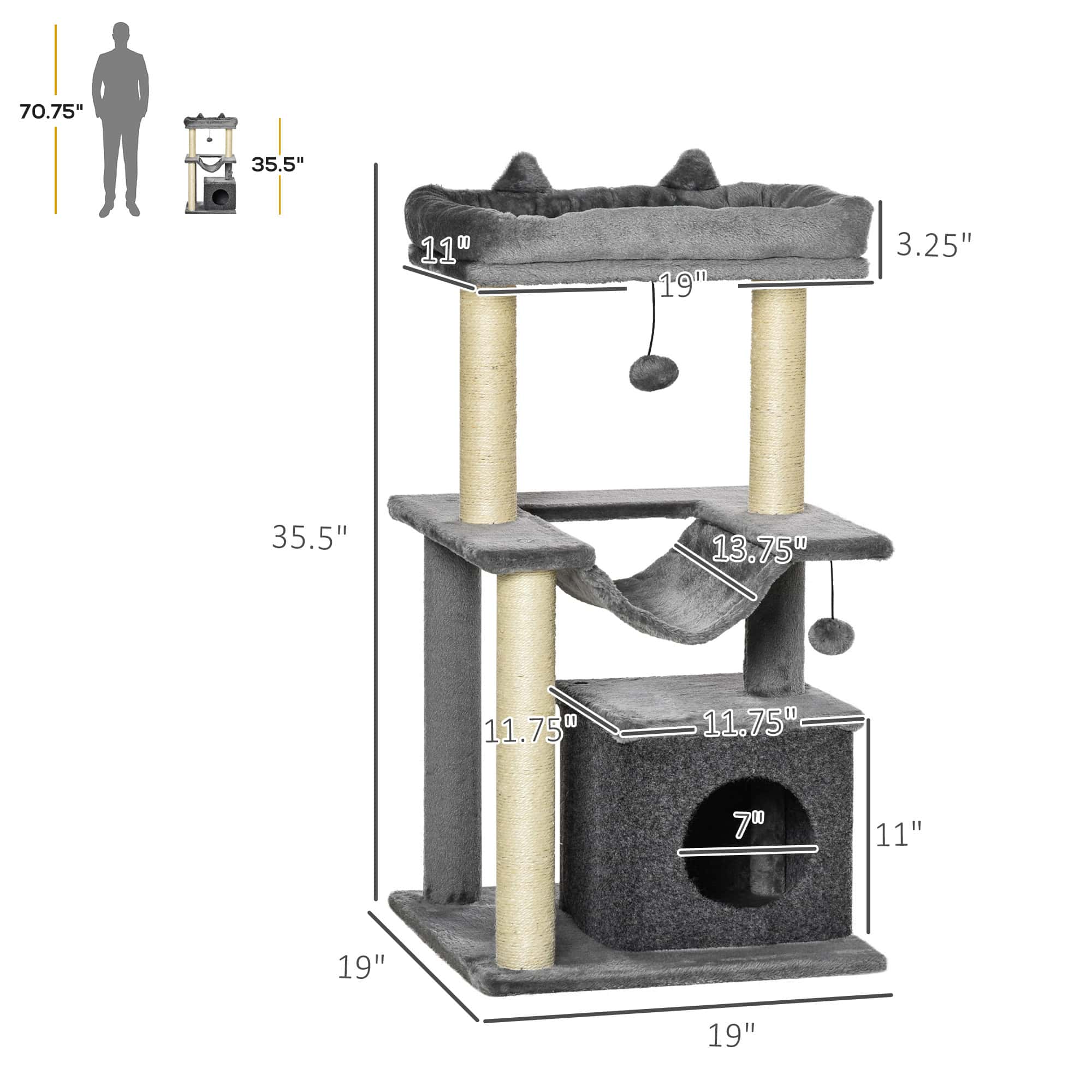 39.25'' Cat Tree Tower Multi-Level Kitten House with Scratching Post Condo Hammock Bed Ball Toy - Grey