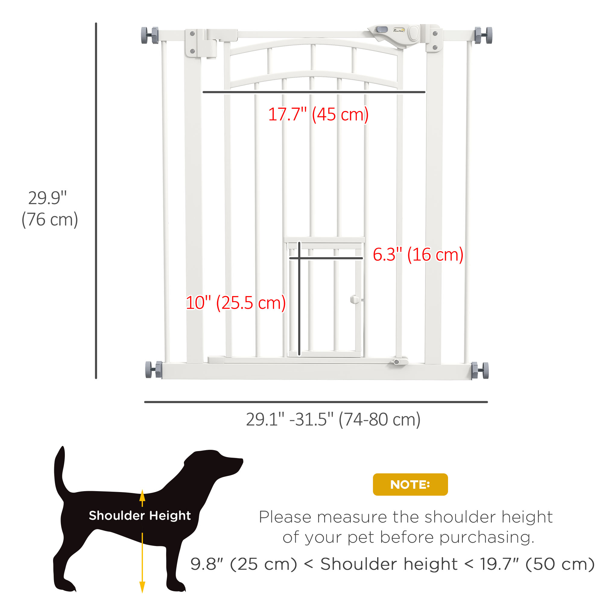 Auto-Close Pet Gate, Stair Gate with Cat Door, Double Locking for Doorways Hallways Stairs, Fits 29"-31.5" Wide, White