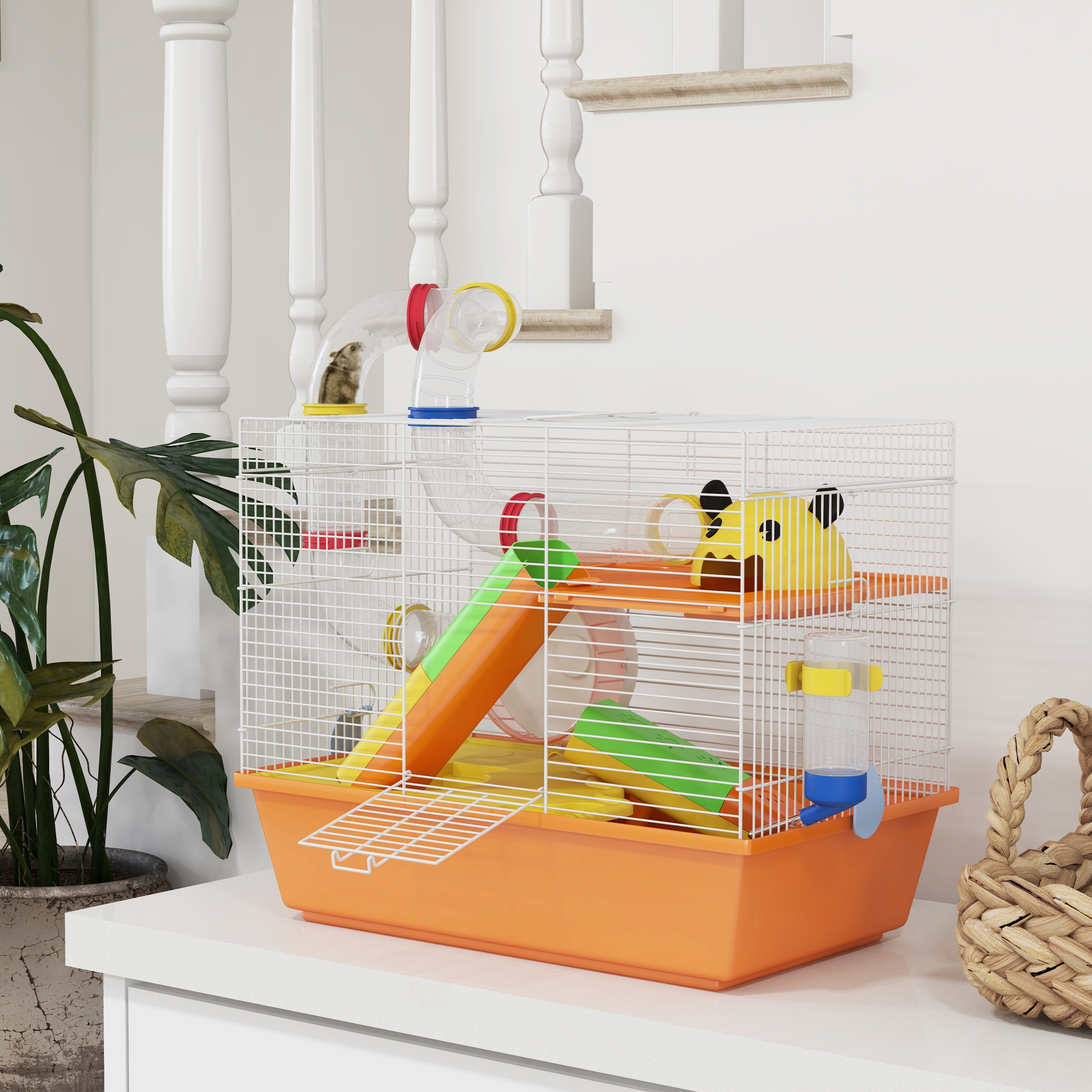 3 Tiers Hamster Cage for Gerbil, Dwarf Hamster with Tunnels, Water Bottle, Exercise Wheel, 18" x 11" x 15" - Orange
