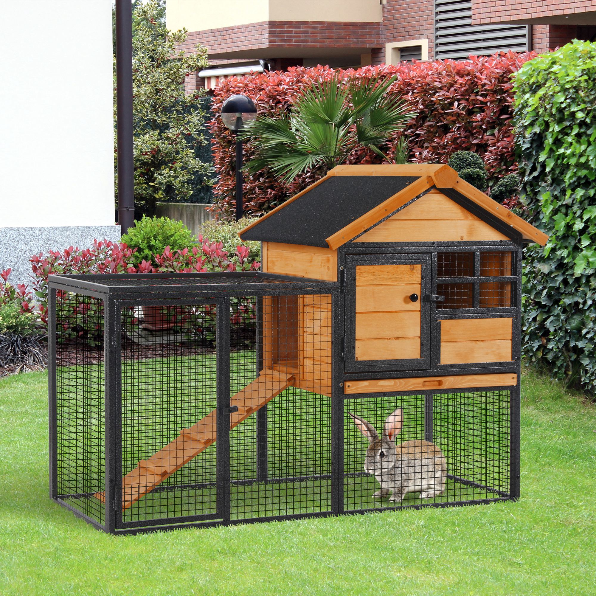 Rabbit Hutch Outdoor, 48"L Large Wooden Bunny Cage with Run, Bite-Resistant Metal Frame, Removable Plastic Tray, Asphalt Roof, Ramp, Guinea Pig Cage for 1-2 Rabbits, Yellow