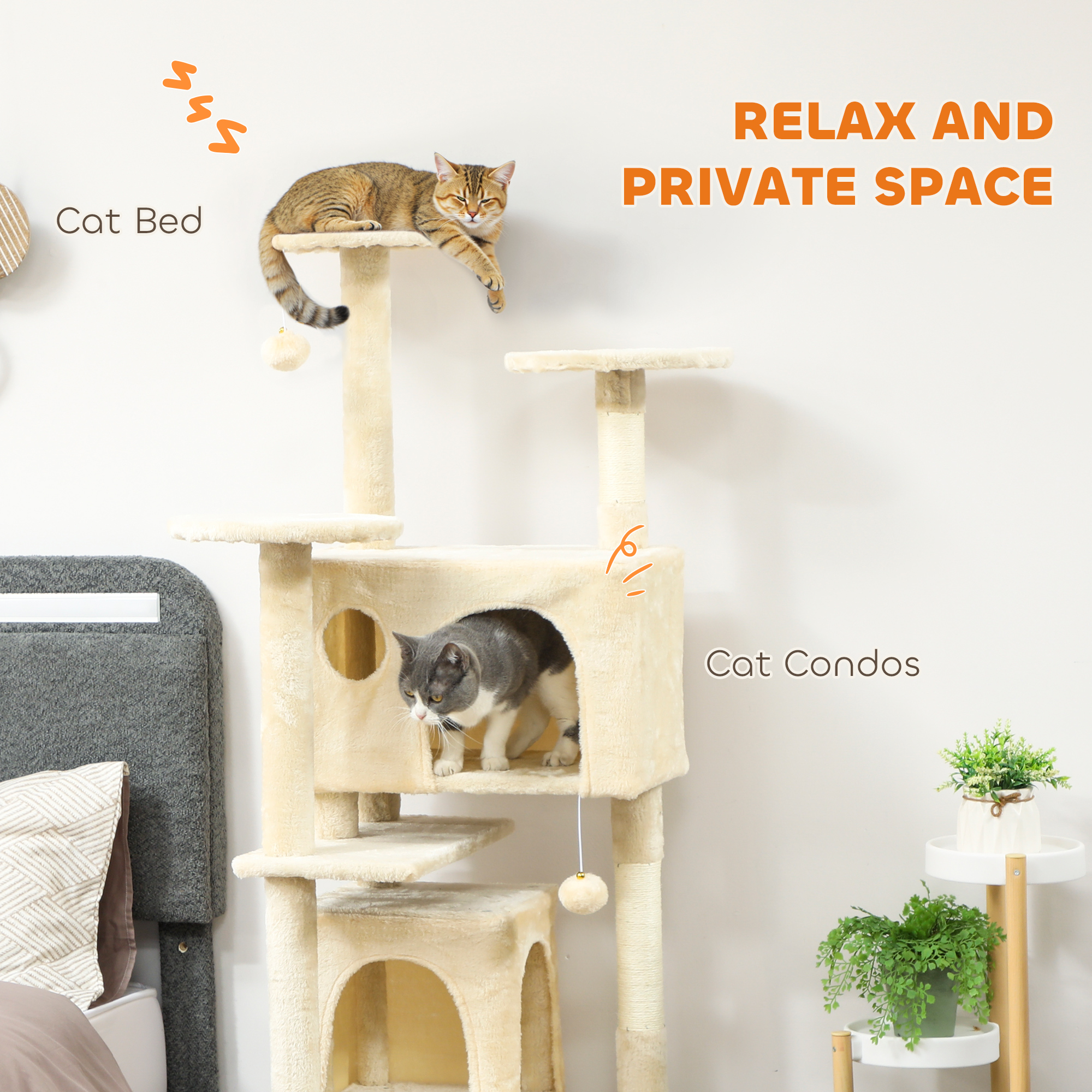 63" Cat Tree, Multi-Level Cat Tower with Scratching Posts, Cat Condos, Bed, Platforms, Ramp, Toy Ball, Cream White