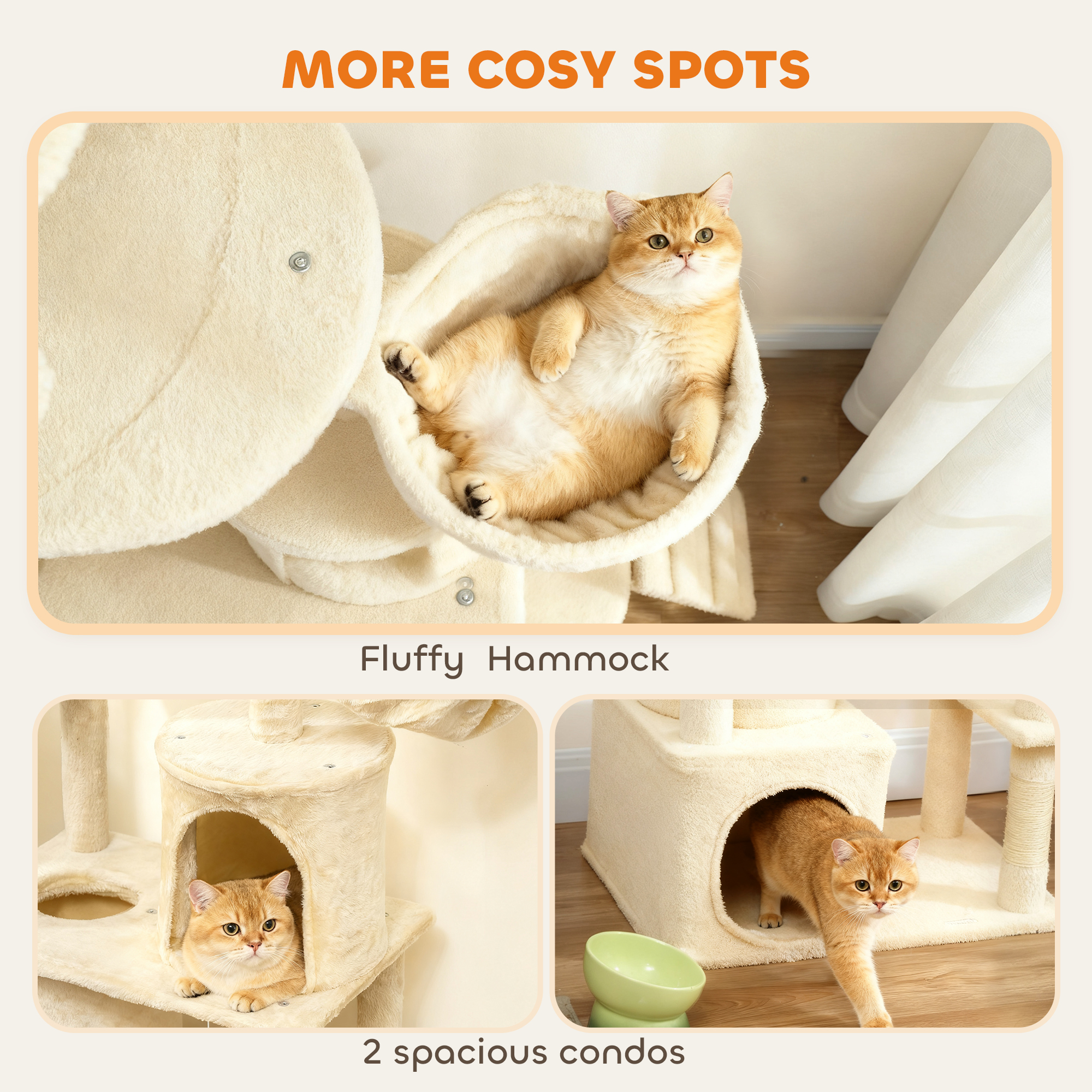 67" Large Cat Tree with 7 Scratching Posts, Tunnel, 2 Condos, Hammock, Perch, Ramp, Pompoms, Beige