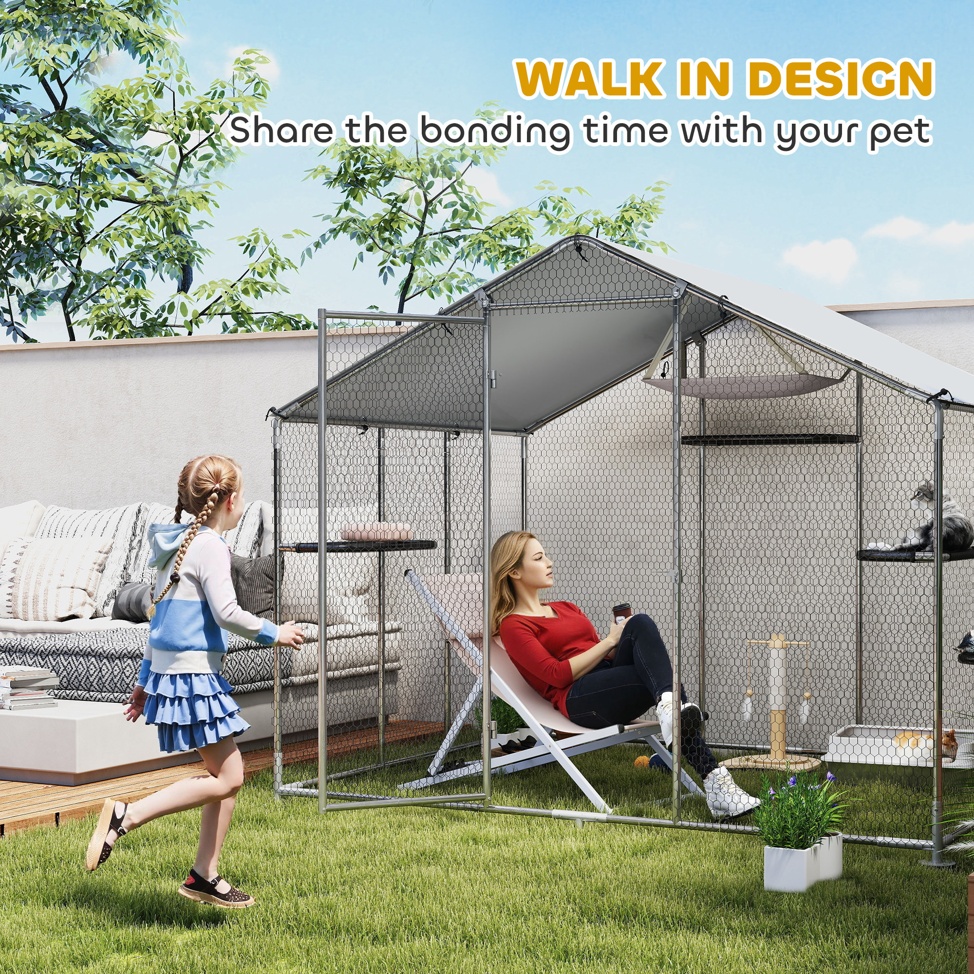 Large Catio Outdoor Cat Enclosure with Waterproof Cover, Walk-in Cat Patio w/ 5 Adjustable Platforms & Hammock 94.5" L