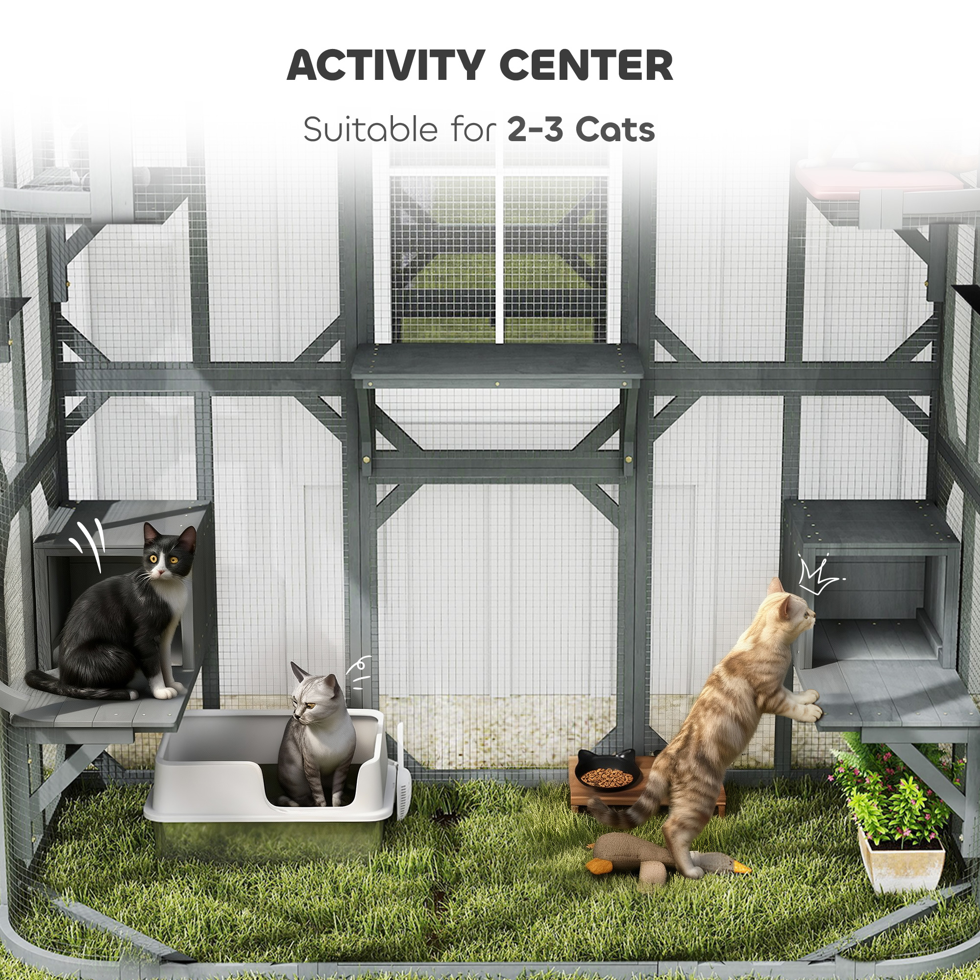 Catio Outdoor Cat Enclosure, 71" Wooden Cat House with Platforms, Condos and Waterproof Cover for 2–3 Kittens, Grey