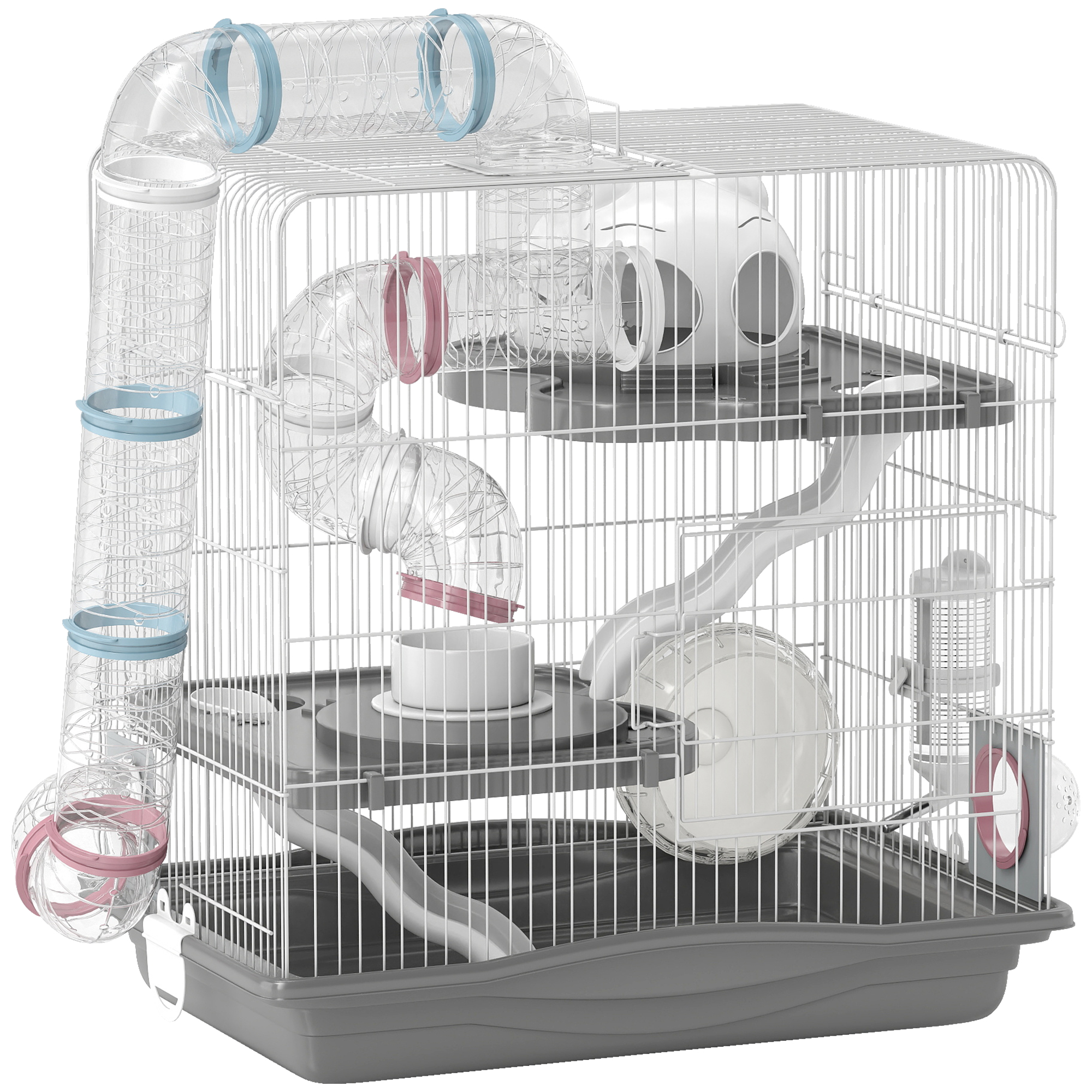 3-Tier Hamster Cage, Portable Gerbil Cage with Exercise Wheels, Water Bottle, Food Dish, for Dwarf Hamsters, Mouse, Grey - Image 2