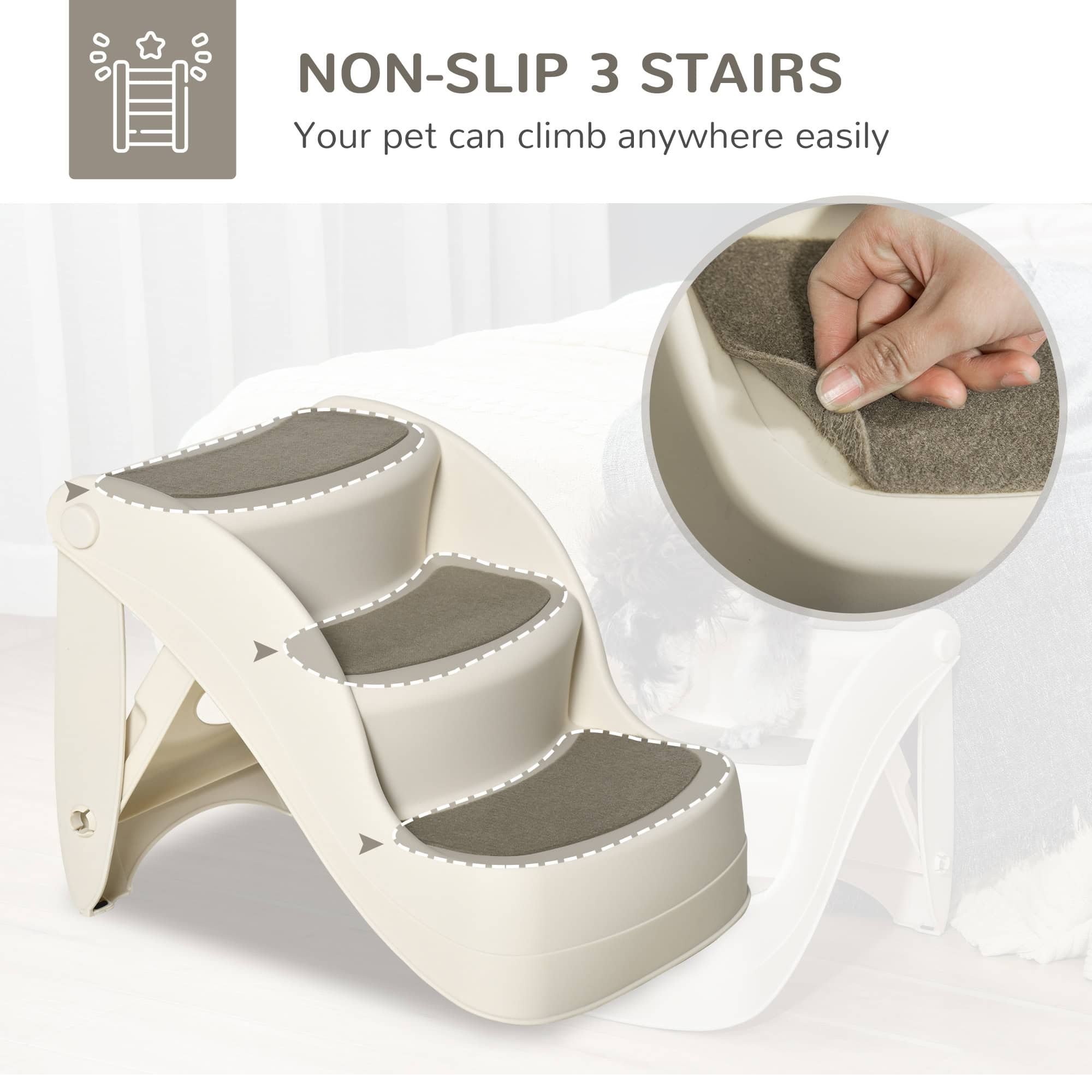 Portable Pet Stairs Foldable Steps for Small Dogs and Cats 3-Step with Non-slip Treads for Beds Sofas, Cream - Image 5