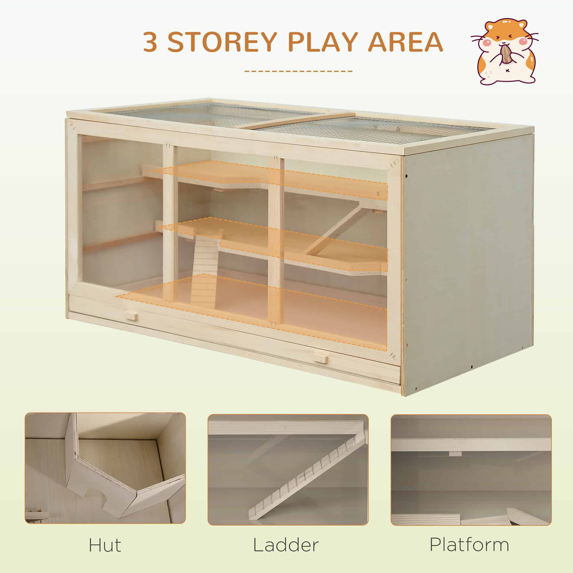 Wooden Hamster Cage Rat Cage with Slide, Tray, Natural Wood