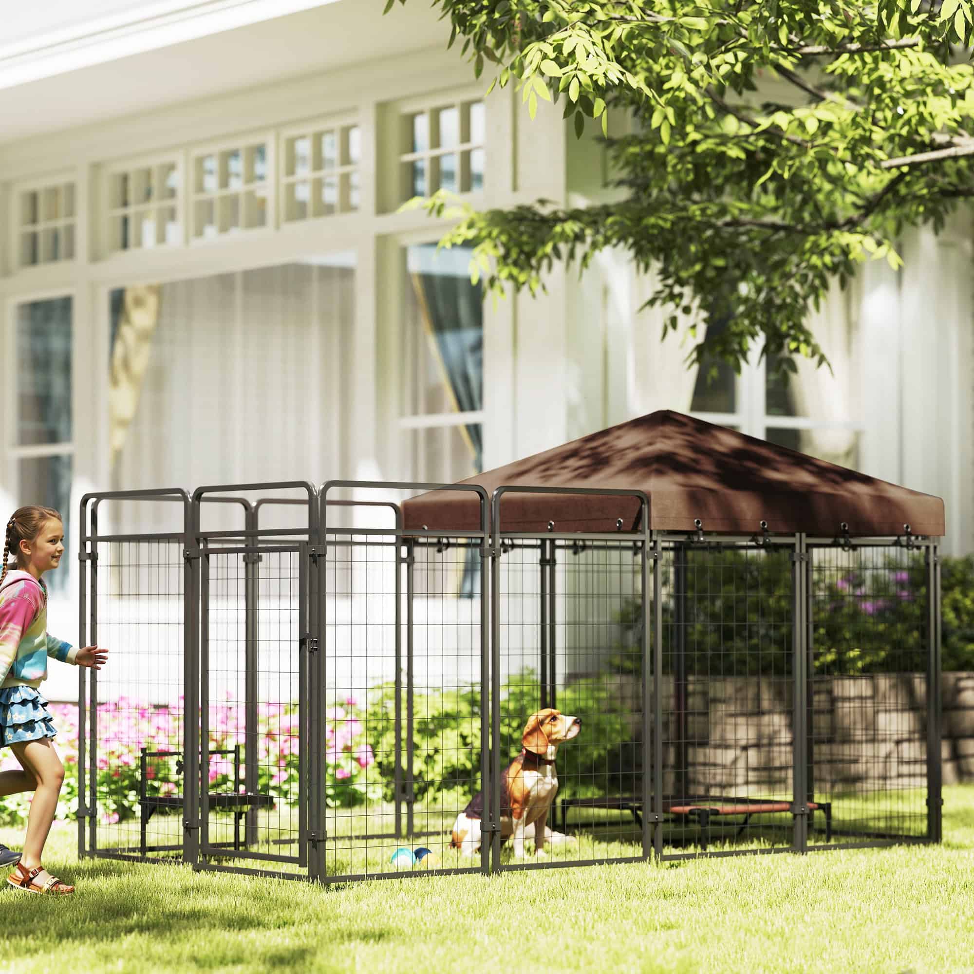 Dog Kennel Outdoor with Waterproof Canopy, Dog Run with Galvanized Chain Link for Large and Medium Dogs, Black