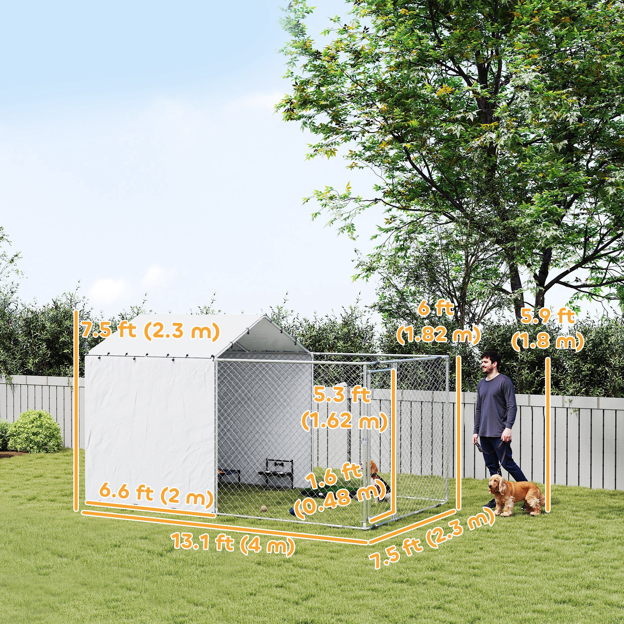 Galvanized Steel Dog Kennel Outdoor with Waterproof & UV-Resistant Cover for Large Dogs, 13.1' x 7.5' x 7.5'