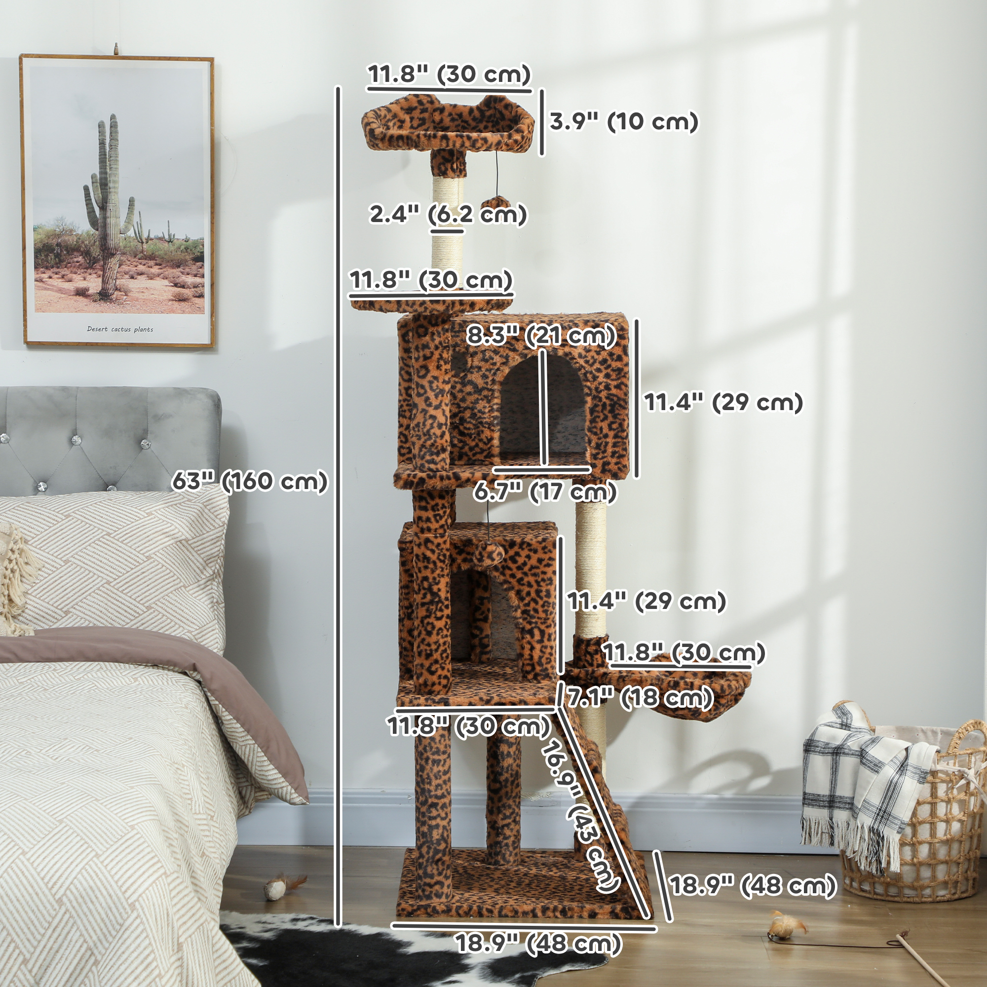 63 Inch Cat Tree with Sisal Scratching Posts, Condos, Plush Perches, Hammock, Ladder, Dangling Balls, Leopard Print
