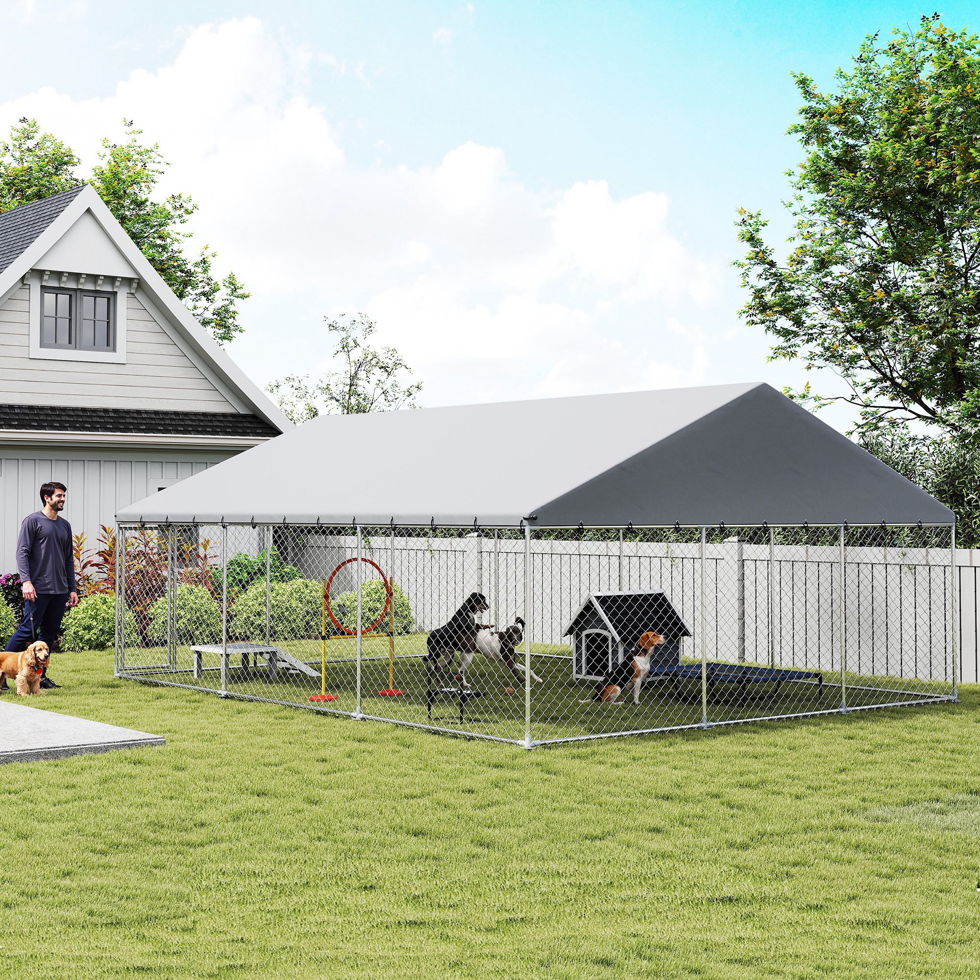 Galvanized Steel Outdoor Dog Kennel with Roof, Safety Locks, for Backyard, 19.7' x 14.8' x 7.9'