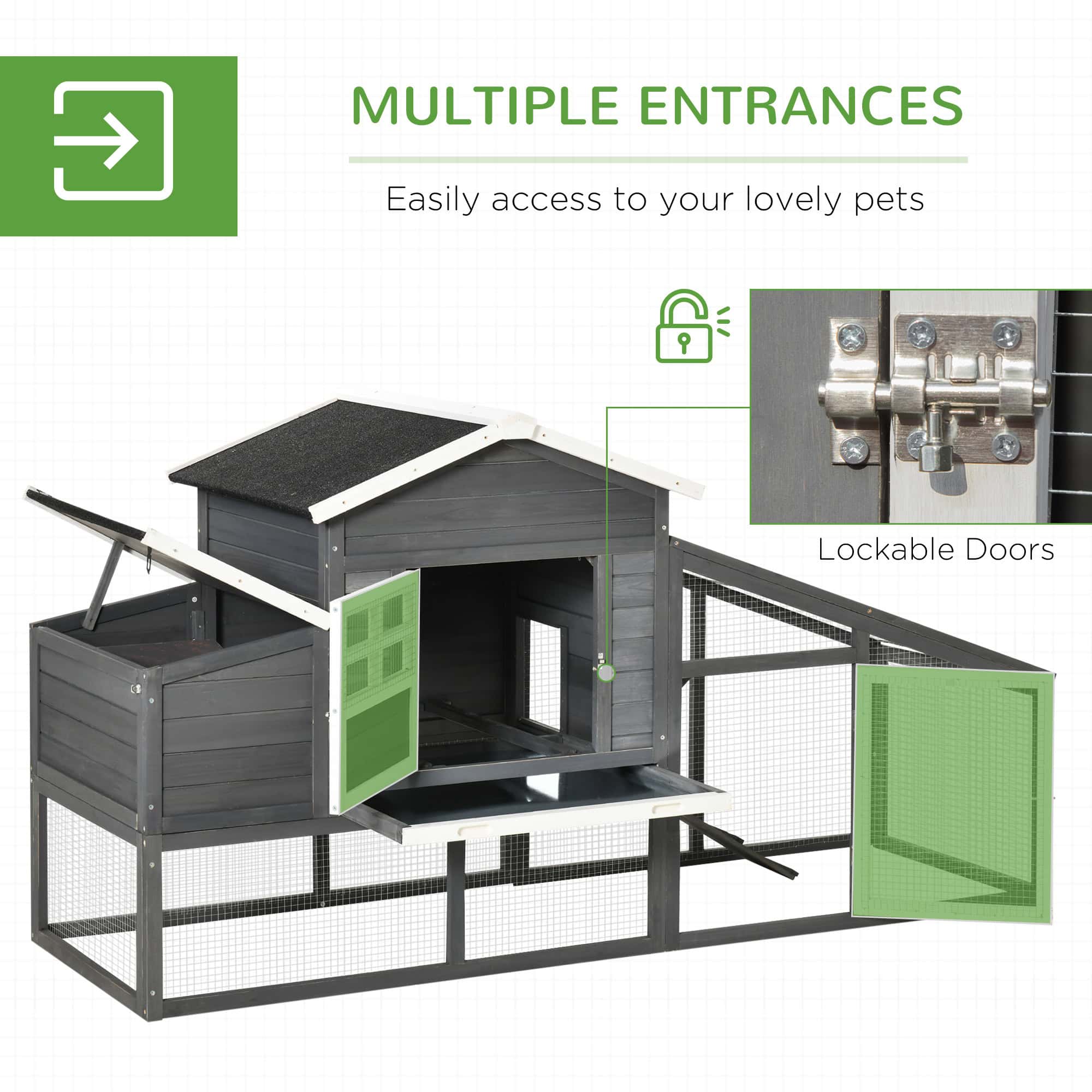 79" Wooden Chicken Coop, Outdoor Hen House, Poultry Habitat with Removable Tray, Nesting Box, Run, Ramp, Grey