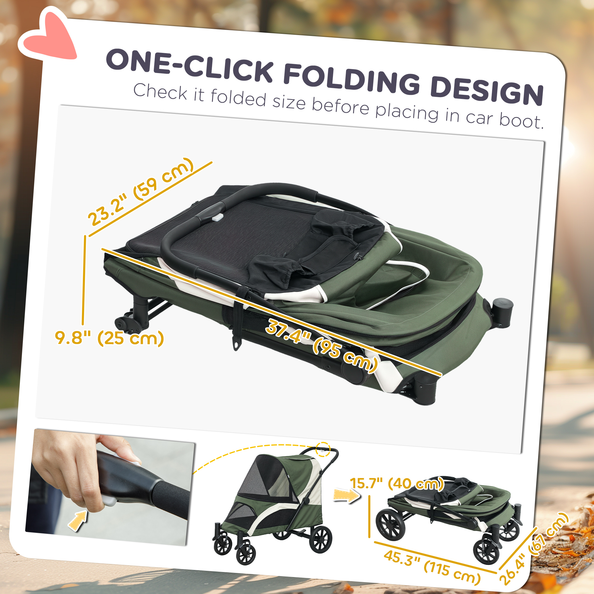 Foldable Pet Stroller for Medium Dogs with Four Big Wheels, Shock-Absorbing Frame, Safety Leashes, Brakes, Dark Green - Image 5