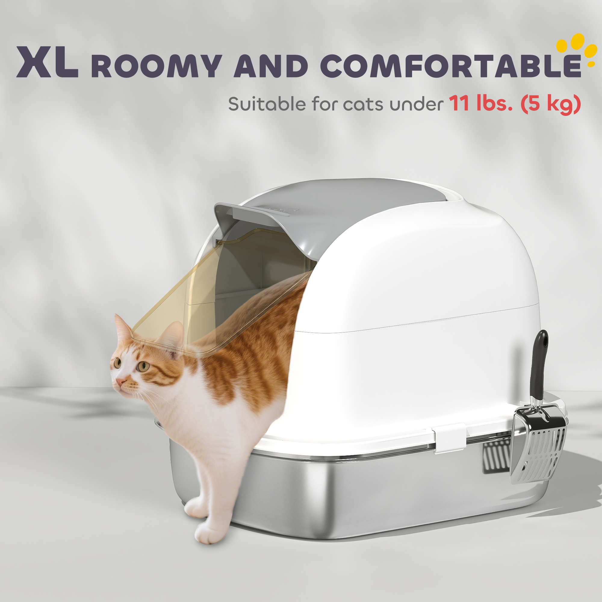 Large Stainless Steel Cat Litter Box with Lid, Enclosed Cat Litter Box with Flip Cover, Scoop