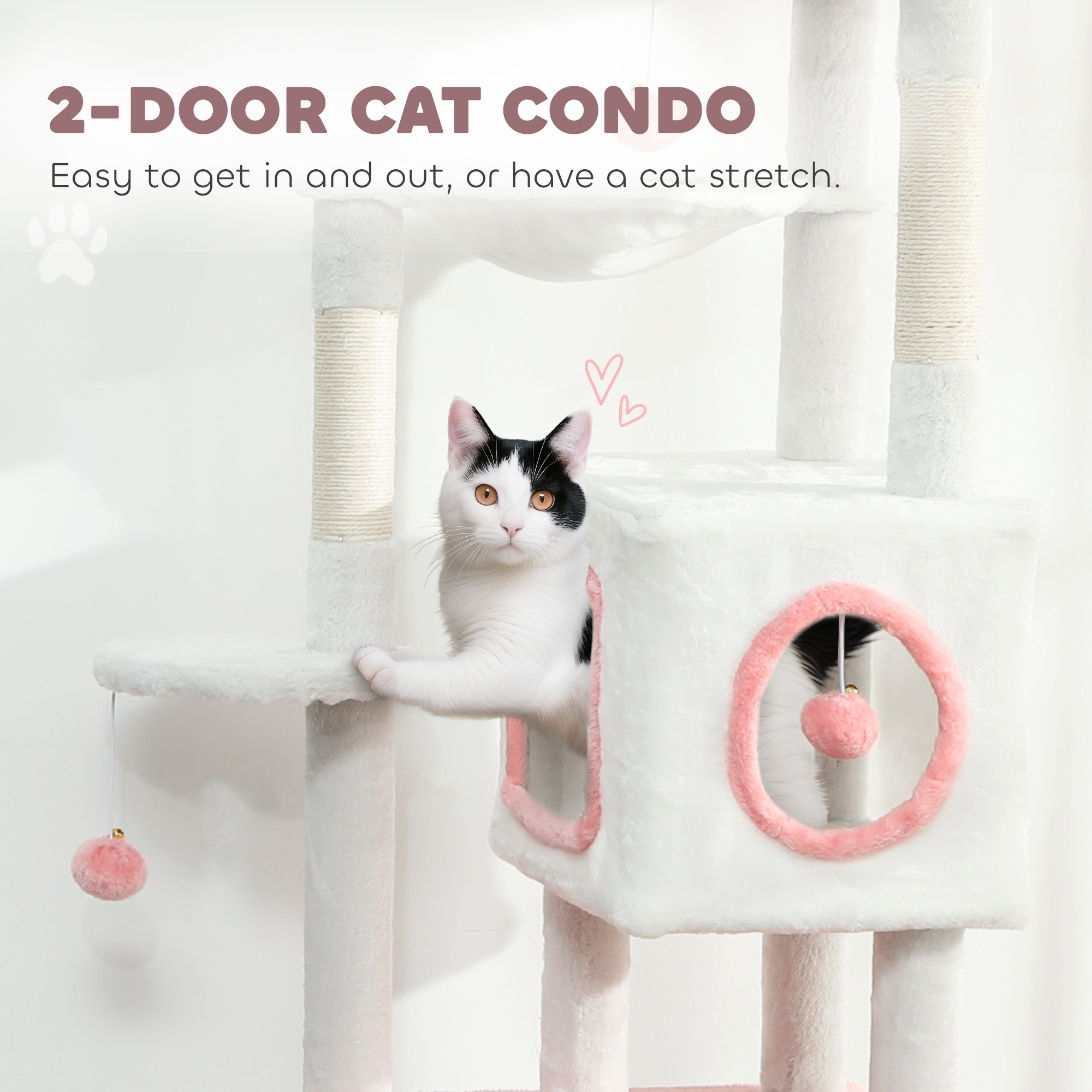 65 Inch Cat Tree with 2 Doors Condos, Plush Top Perch, Hammock, Sisal Scratching Posts, 4 Pompoms, Ramp, White