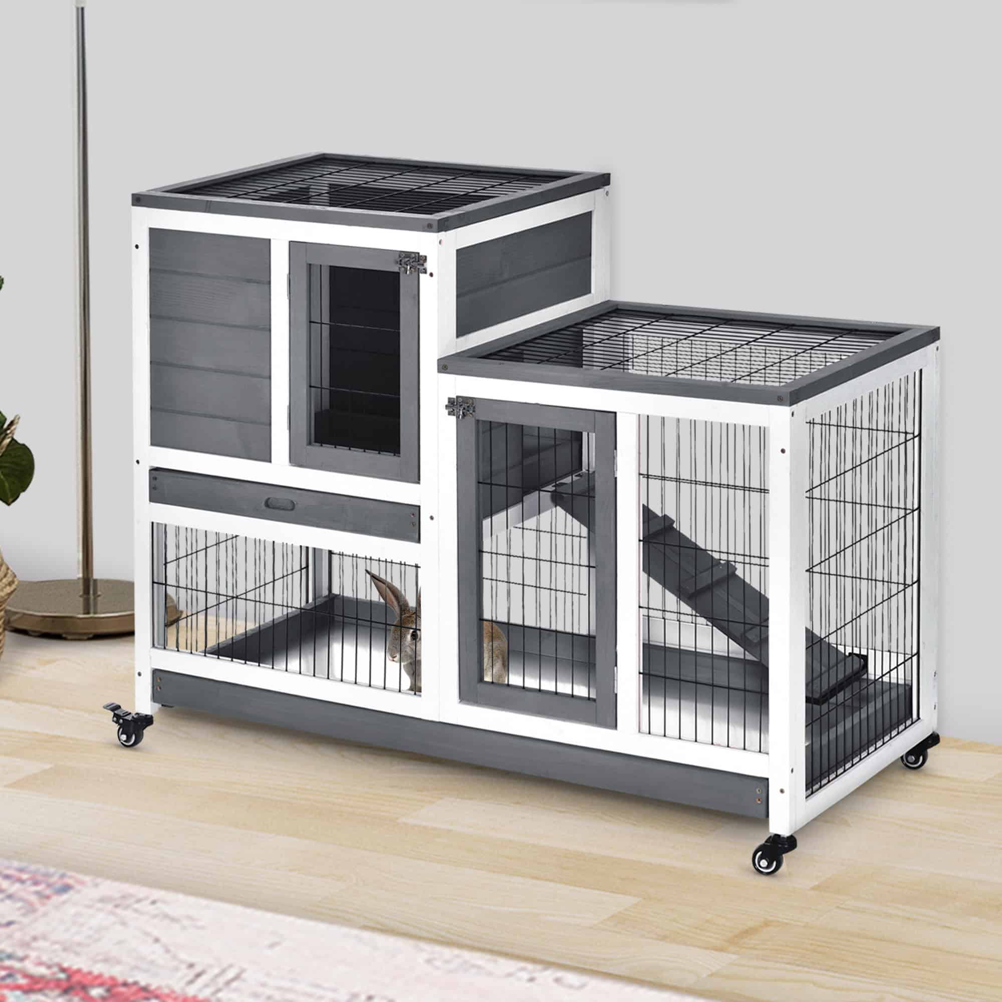 Wooden Rabbit Hutch, Indoor Bunny Cage with Wheels, Pull Out Trays, Run, Grey