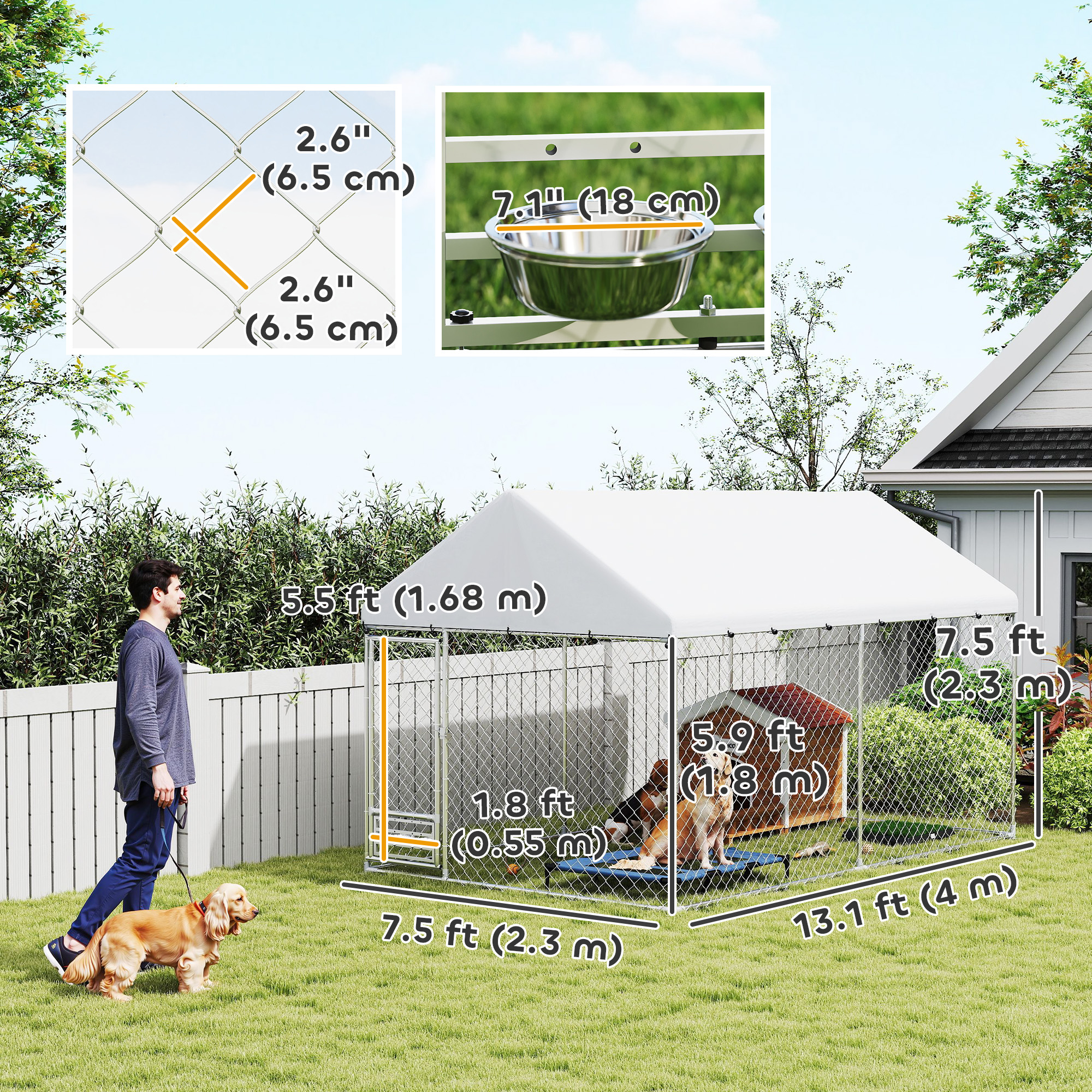 Outdoor Dog Run with Adjustable & Rotatable Bowls, Waterproof UV-Resistant Cover, Escape-Proof Lock, 13.1' x 7.5' x 7.5'